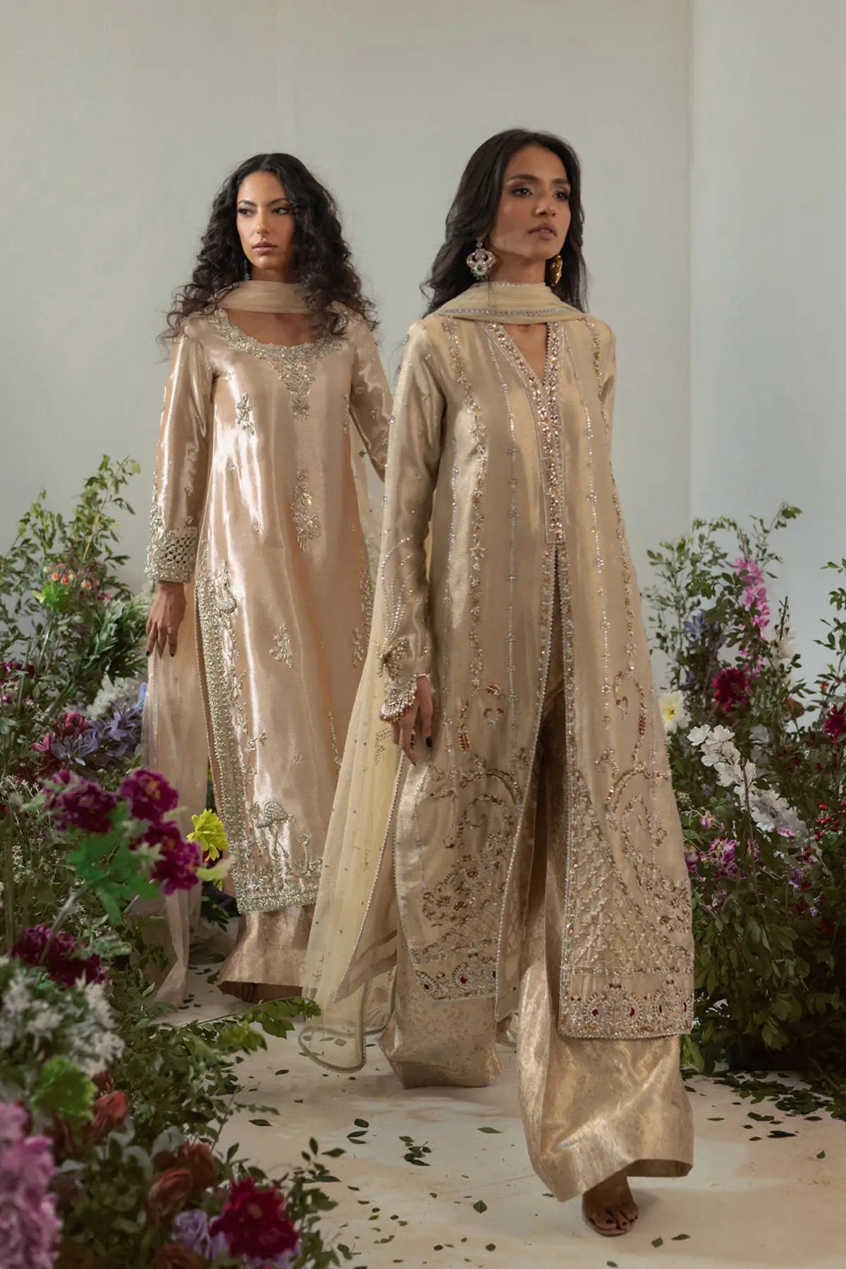 Gold lamé designer dress with antique zardozi, butterfly sleeves and flared pants styled for formal occasions