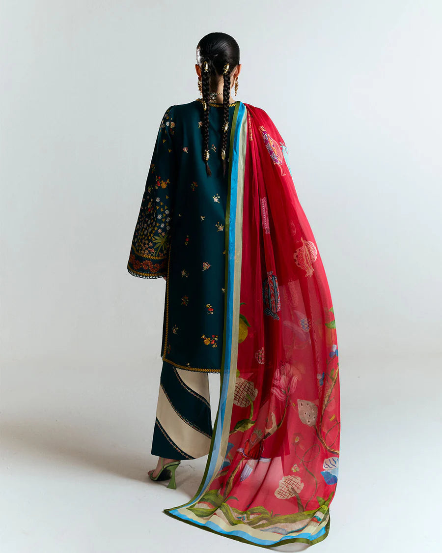 Anara-Deep teal embroidered Pakistani ensemble for women