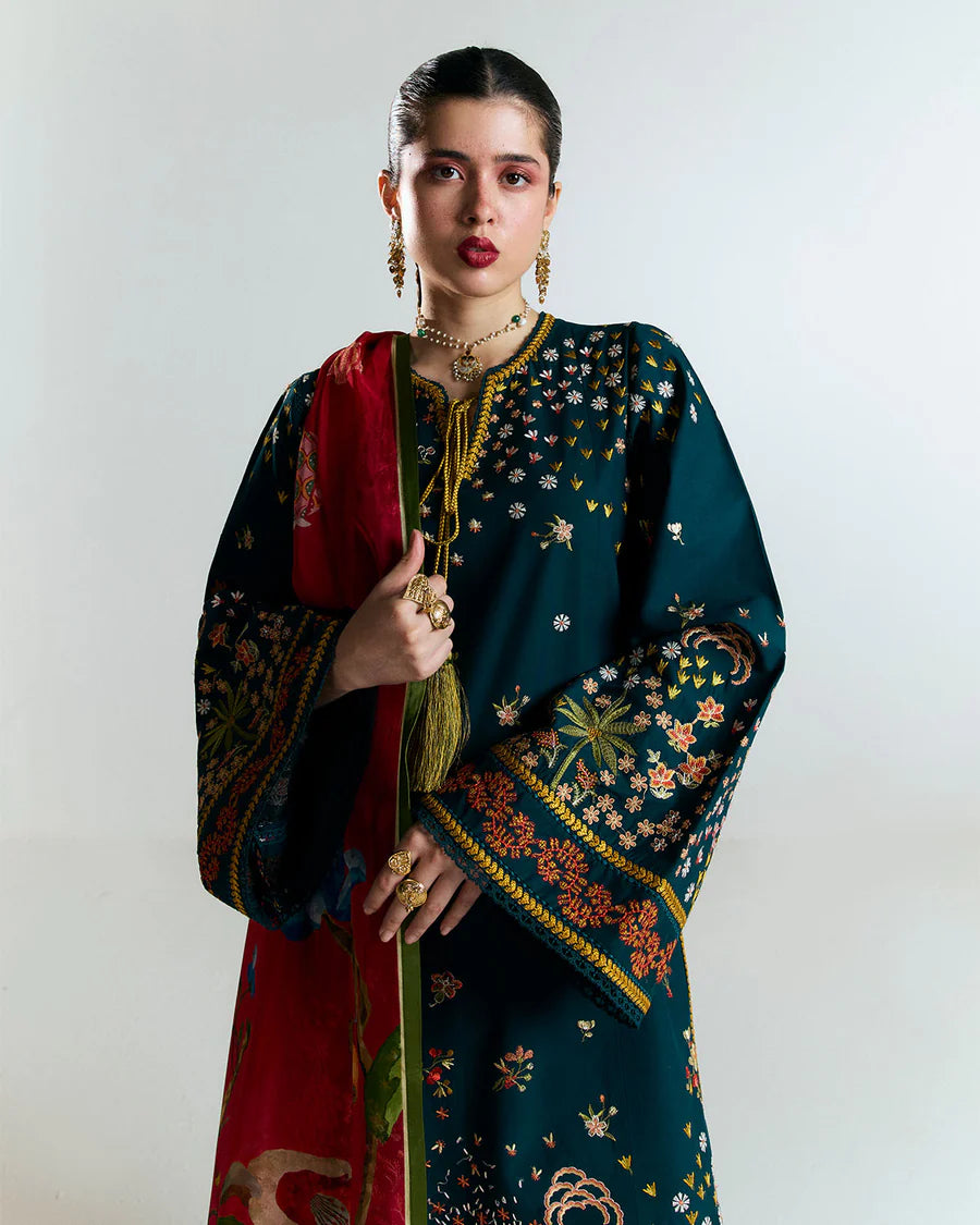 Anara-Deep teal embroidered Pakistani ensemble for women