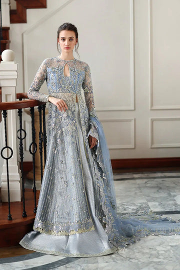 Ice blue stitched Eid front open gown by Mushq designer