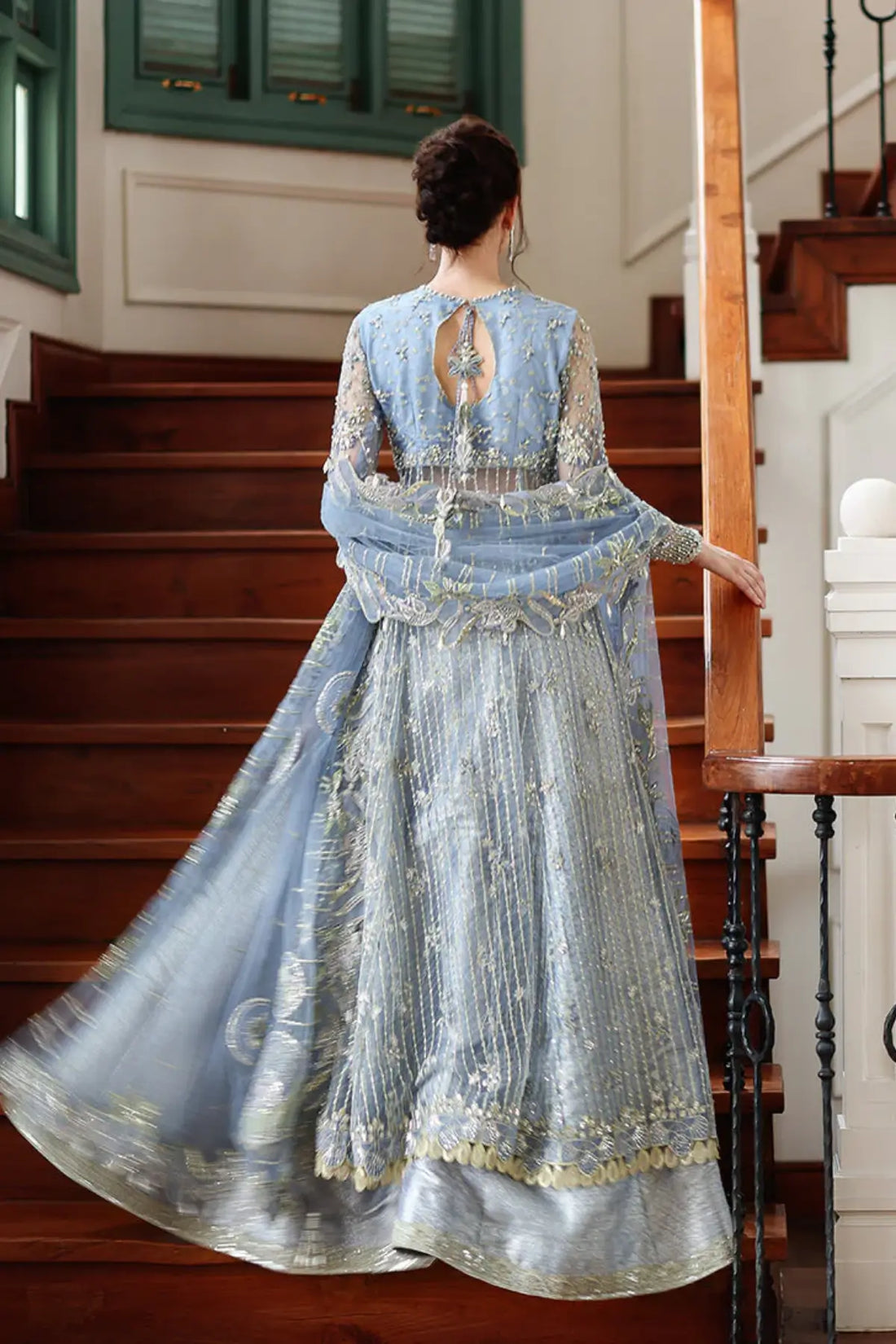 Ice blue stitched Eid front open gown by Mushq designer