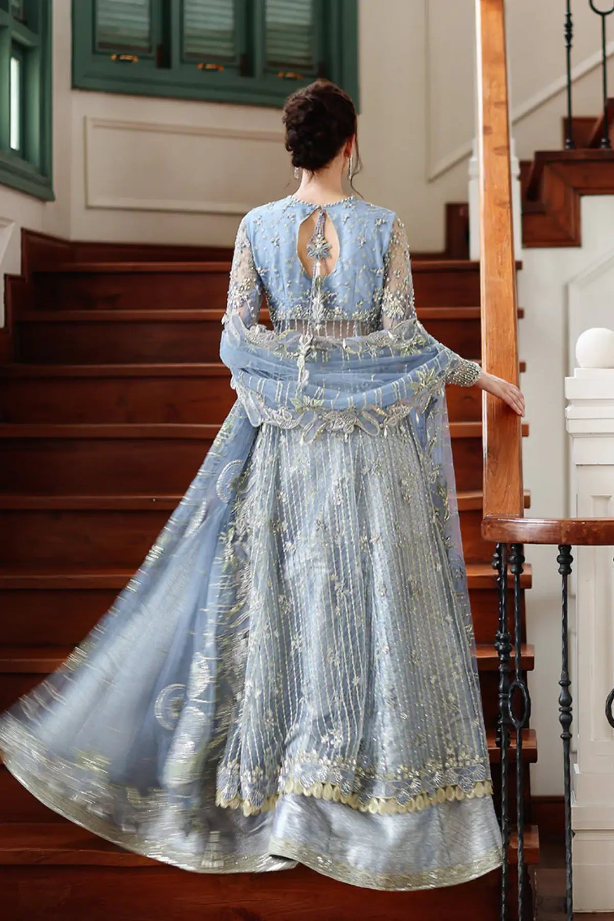 Ice blue stitched Eid front open gown by Mushq designer