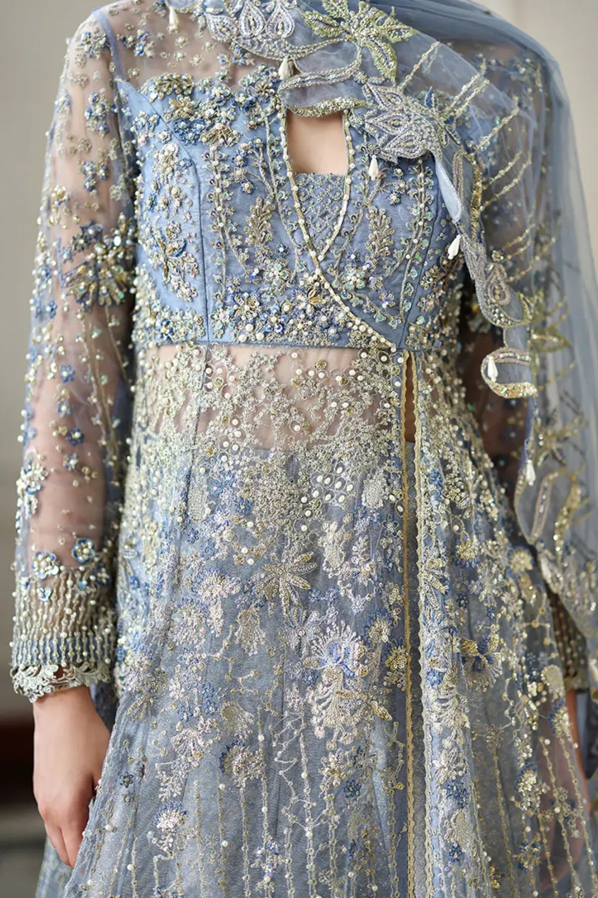 Ice blue stitched Eid front open gown by Mushq designer