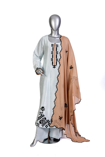 Anchal by MariamRaj – Sky blue embroidered Korean silk suit with peach dupatta