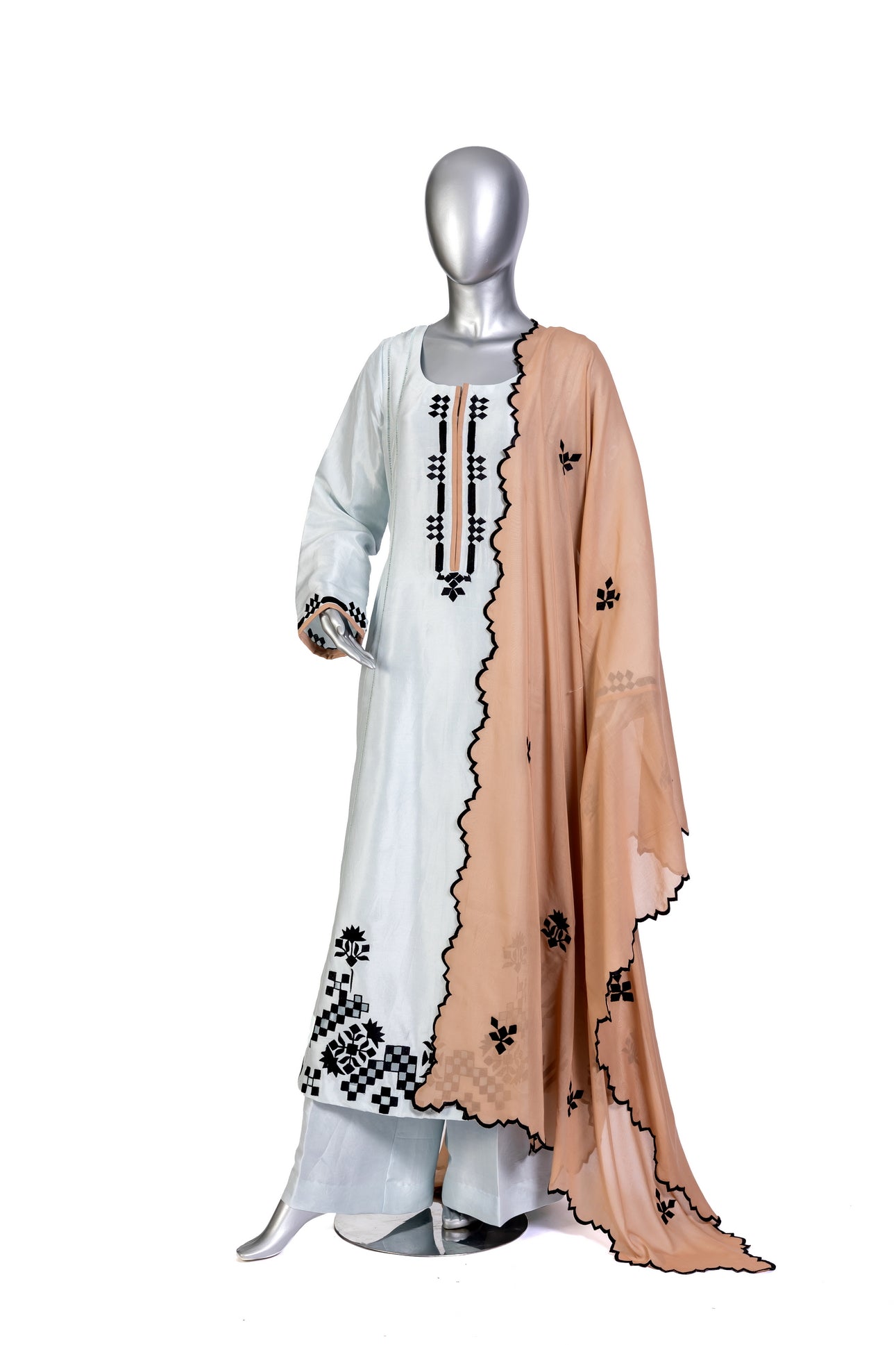 Anchal by MariamRaj – Sky blue embroidered Korean silk suit with peach dupatta