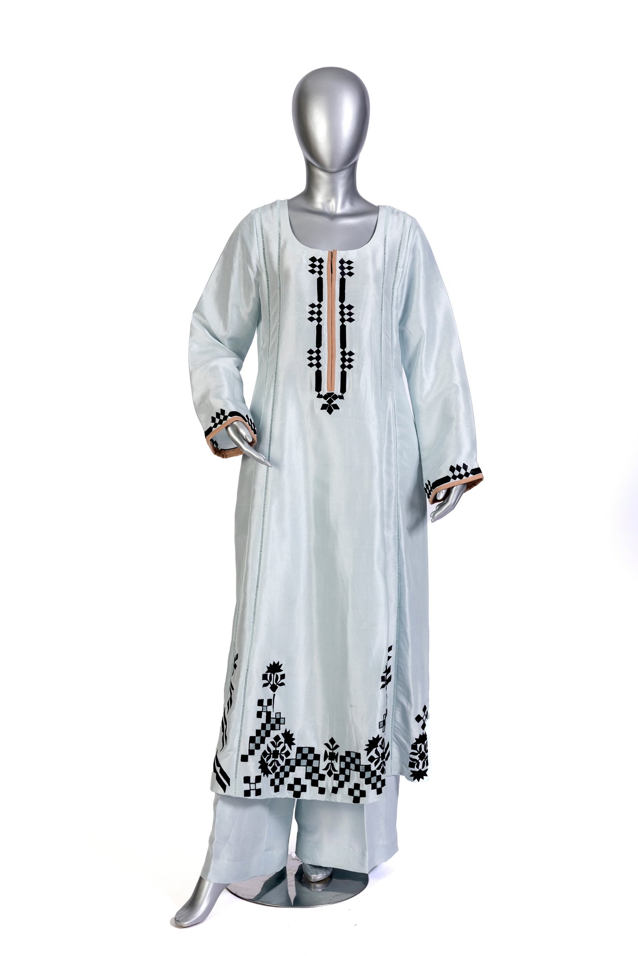 Anchal by MariamRaj – Sky blue embroidered Korean silk suit with peach dupatta