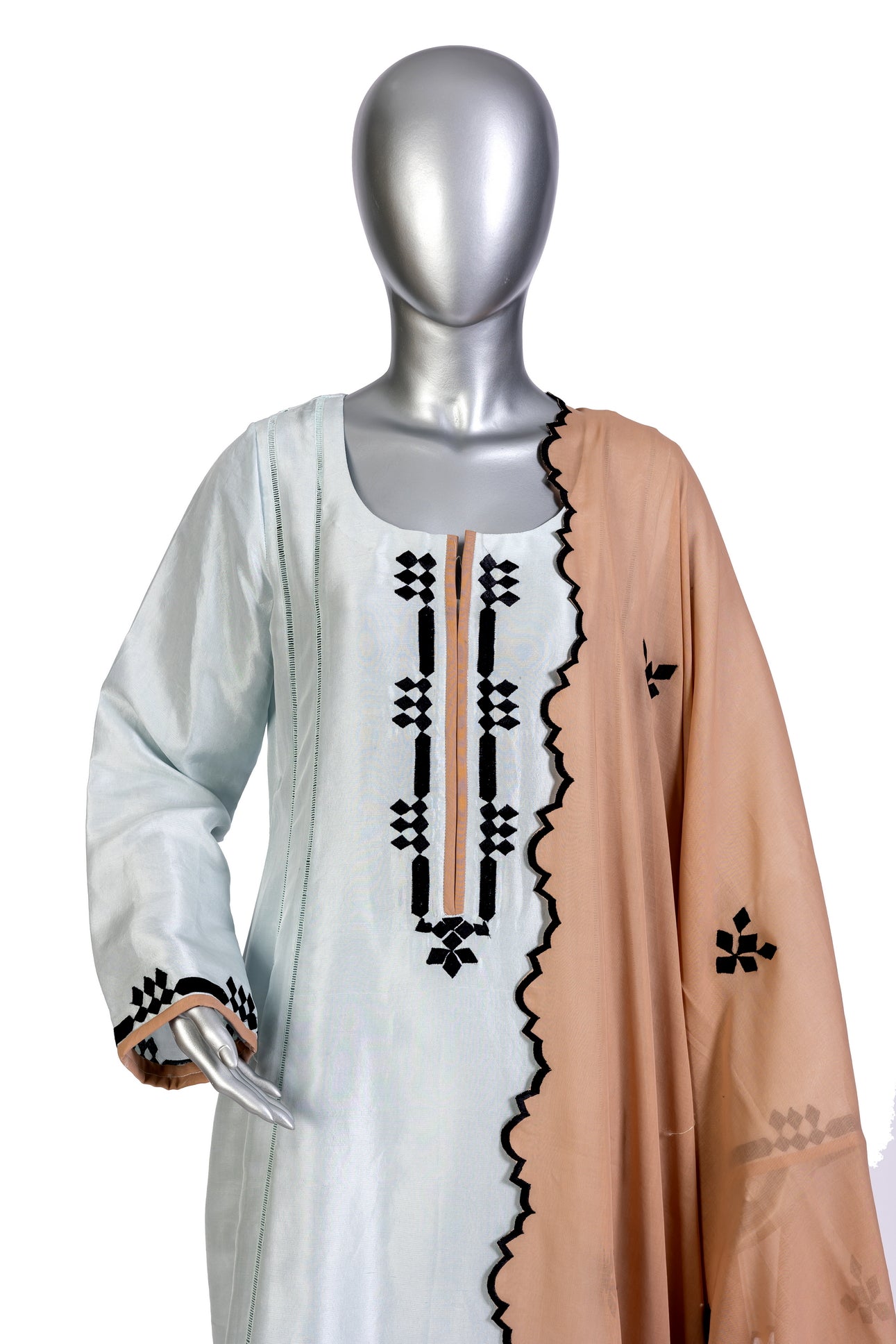 Anchal by MariamRaj – Sky blue embroidered Korean silk suit with peach dupatta