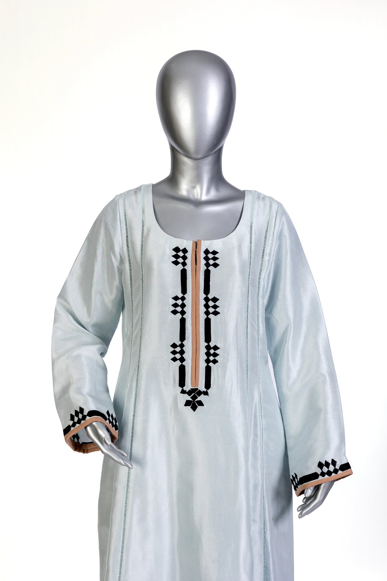 Anchal by MariamRaj – Sky blue embroidered Korean silk suit with peach dupatta