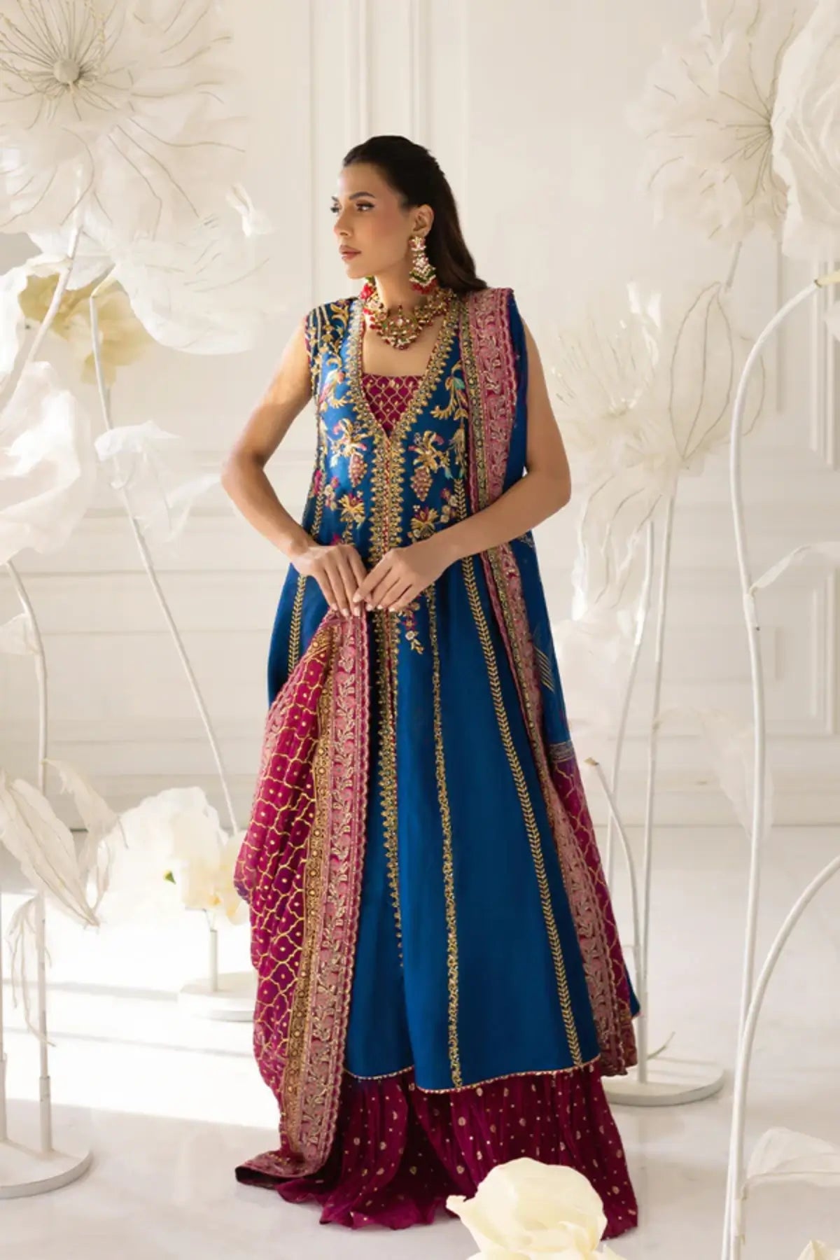 Aneek Royal Blue Silk Net Dholki Jacket Suit with Gold Zari and Tilla Work, Fuchsia Pink Cotton Jamawar Gharara and Chiffon Dupatta