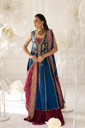 Aneek Royal Blue Silk Net Dholki Jacket Suit with Gold Zari and Tilla Work, Fuchsia Pink Cotton Jamawar Gharara and Chiffon Dupatta