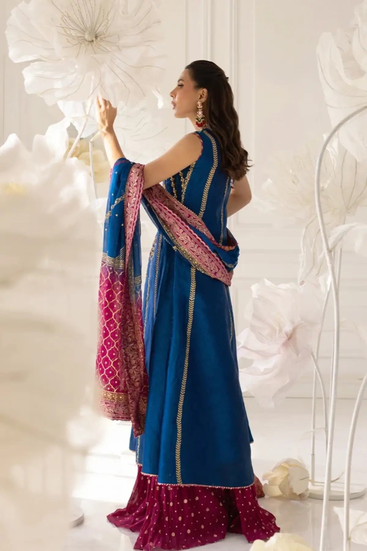 Aneek Royal Blue Silk Net Dholki Jacket Suit with Gold Zari and Tilla Work, Fuchsia Pink Cotton Jamawar Gharara and Chiffon Dupatta