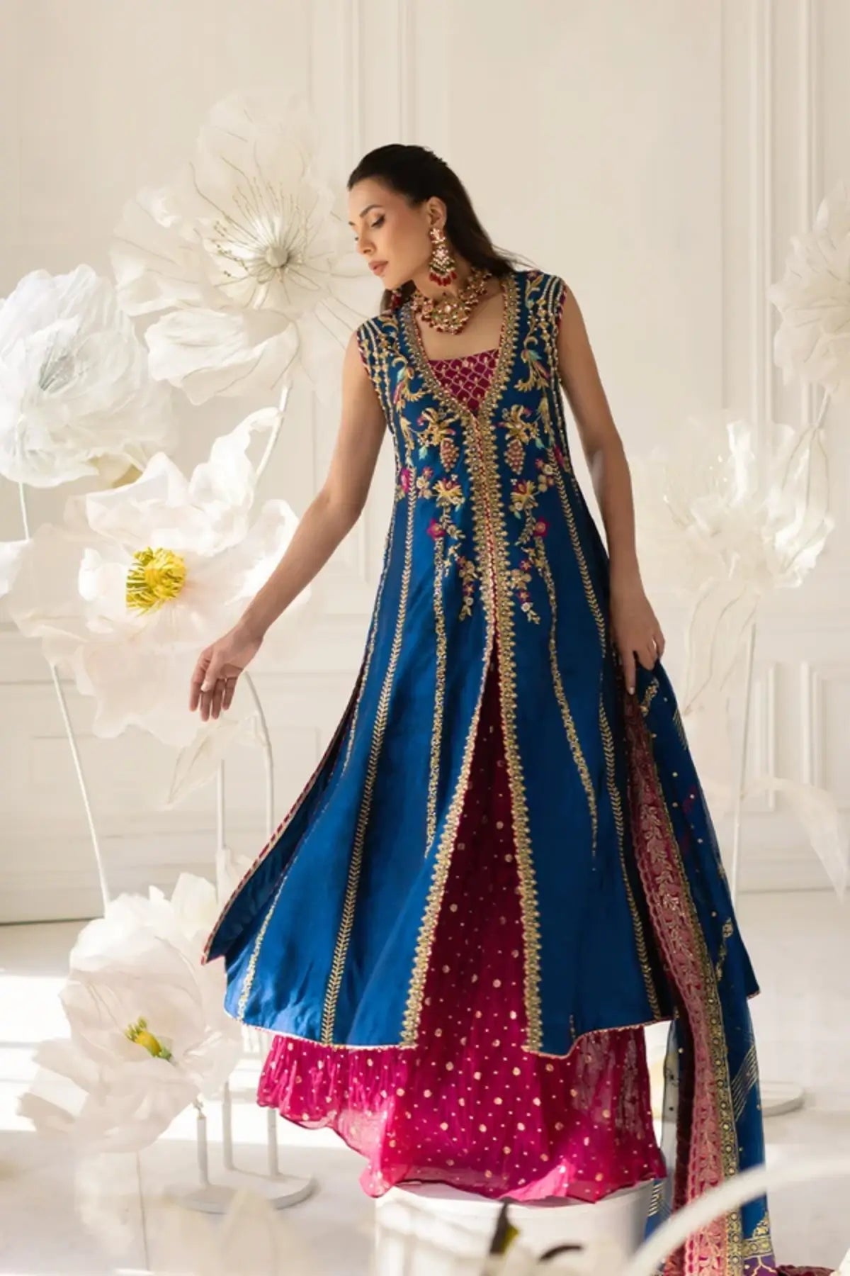 Aneek Royal Blue Silk Net Dholki Jacket Suit with Gold Zari and Tilla Work, Fuchsia Pink Cotton Jamawar Gharara and Chiffon Dupatta