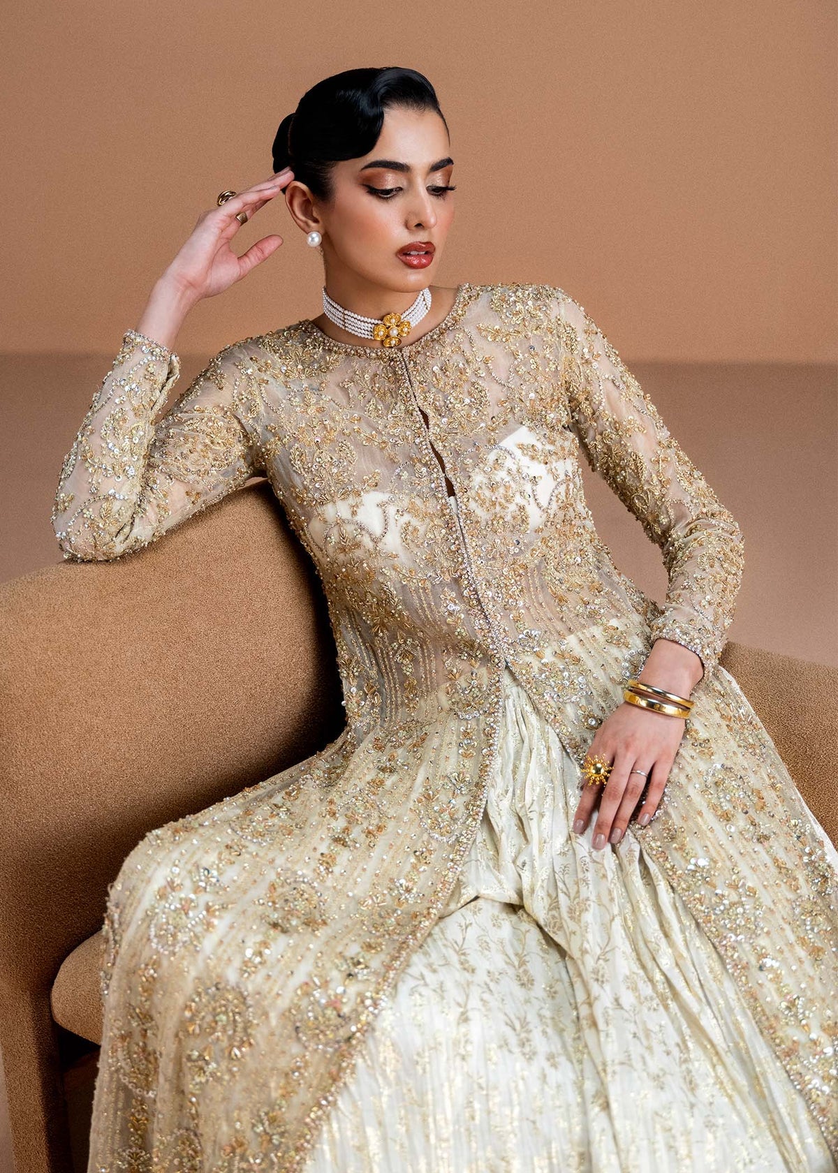 Aneesa by Kanwal Malik Pakistani wedding outfit with pearl white organza pishwas