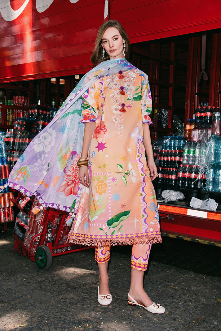 Angels Song- Stylish peach 3-piece lawn suit with floral print and lacework By- Mushq