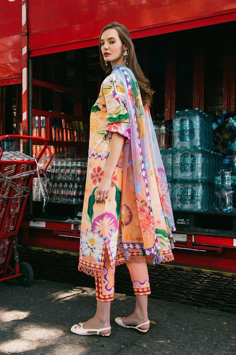 Angels Song- Stylish peach 3-piece lawn suit with floral print and lacework By- Mushq