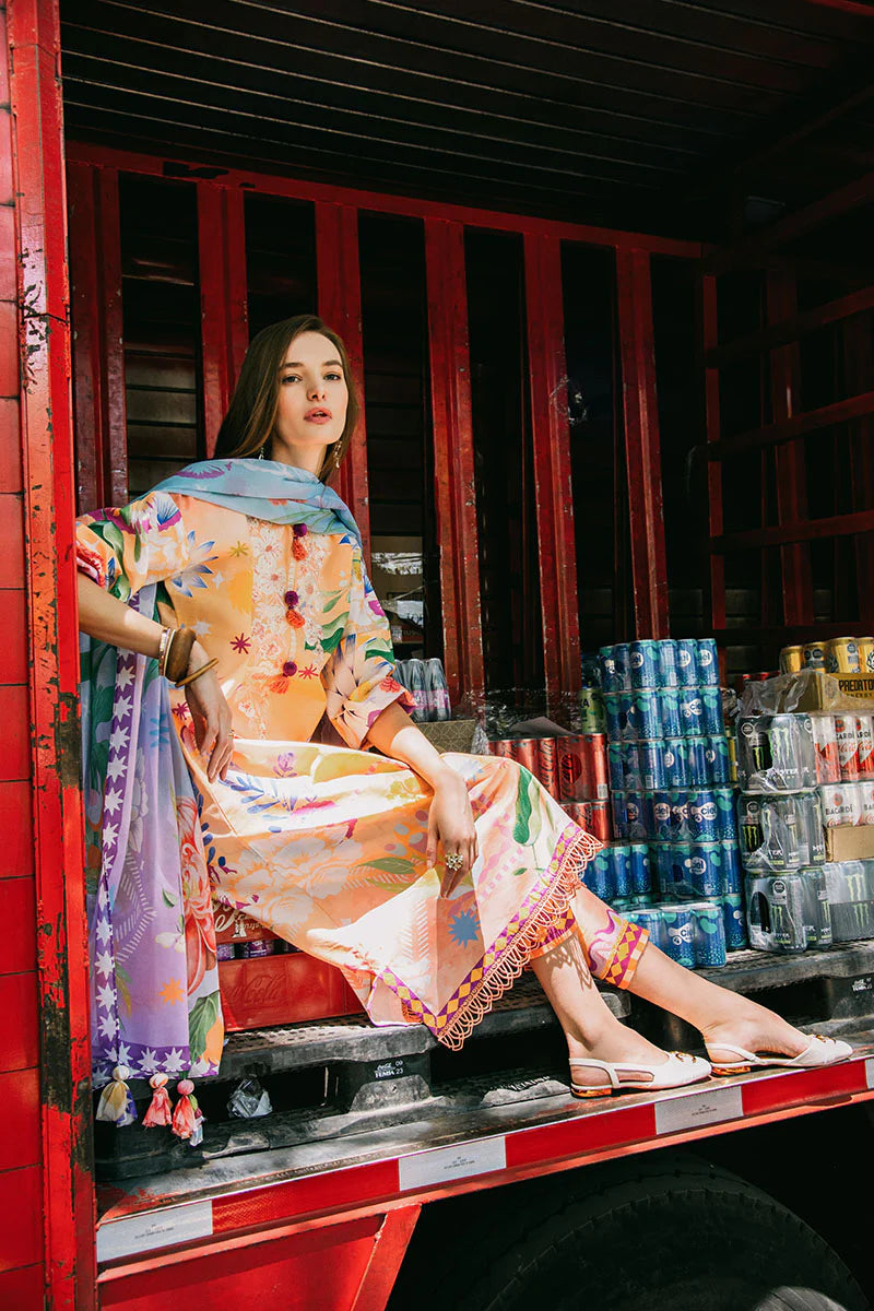 Angels Song- Stylish peach 3-piece lawn suit with floral print and lacework By- Mushq