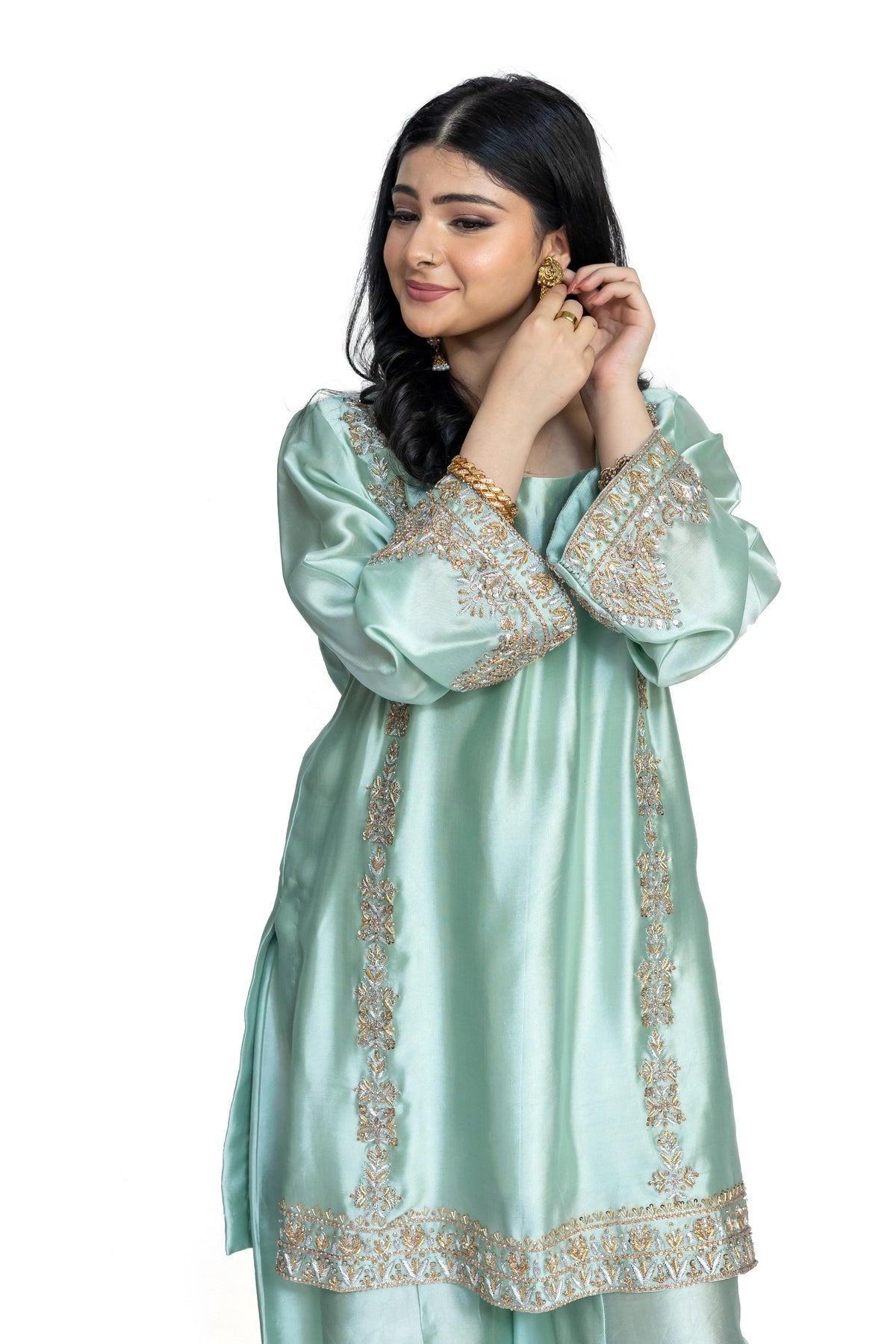 Anika mint green Sheesha silk stitched 3PC suit with handwork and organza dupatta from Soroya by MariamRaj