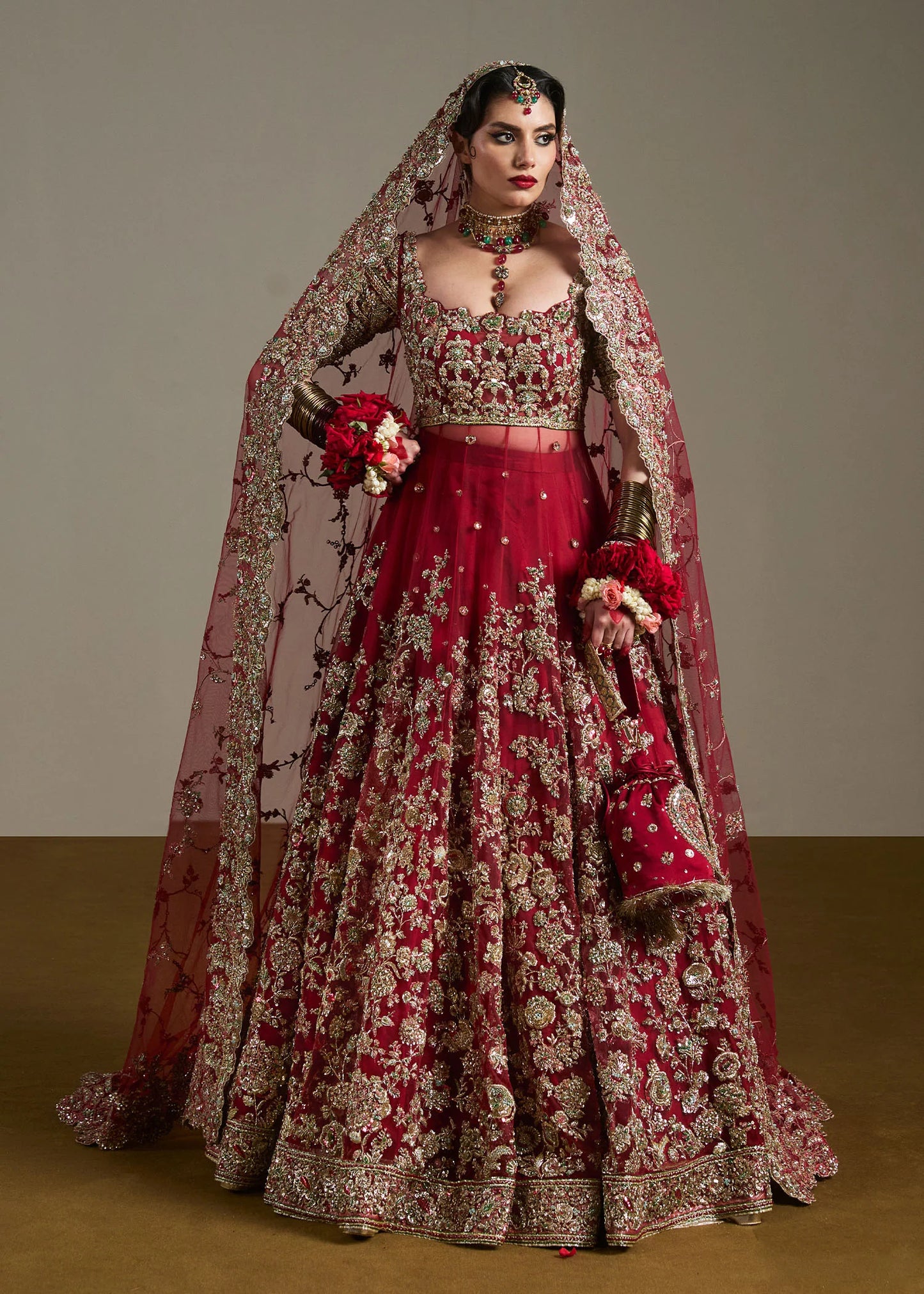 Anisha-Cherry Red Satin Silk Lehenga with Handcrafted Border