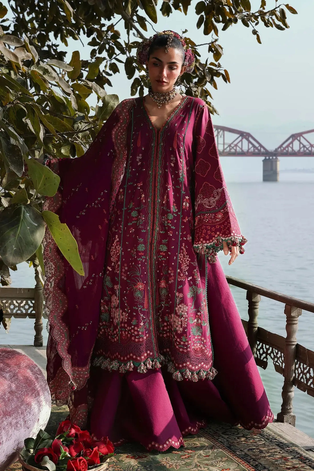 Plum Anjas by Hussain Rehar stitched lawn 3PC with detailed floral embroidery 
