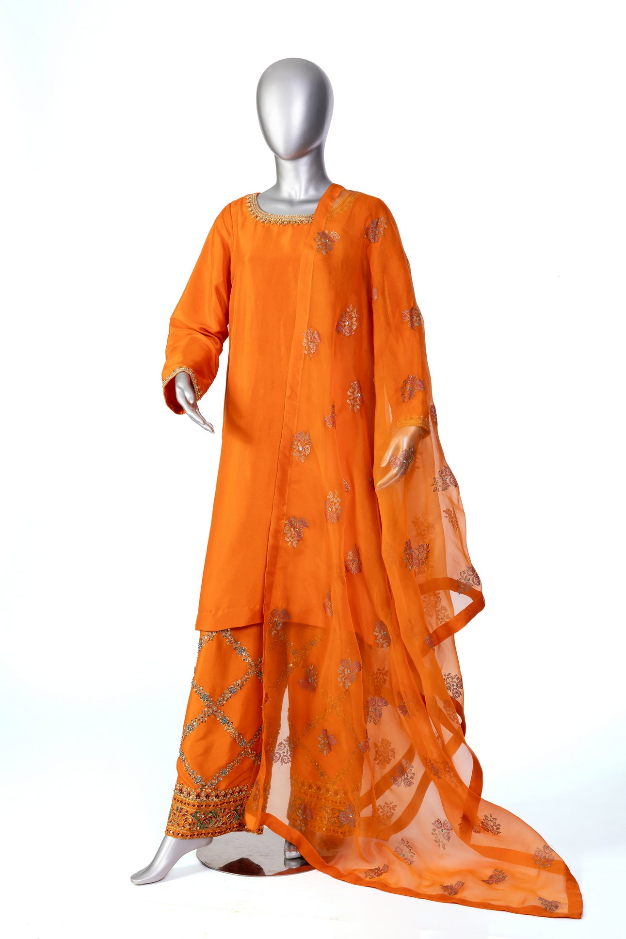 Anosha Premium Orange Pure Silk Suit by MariamRaj: Silk shirt with hand embellishments, straight silk culottes, organza dupatta with block print, festive & formal wear