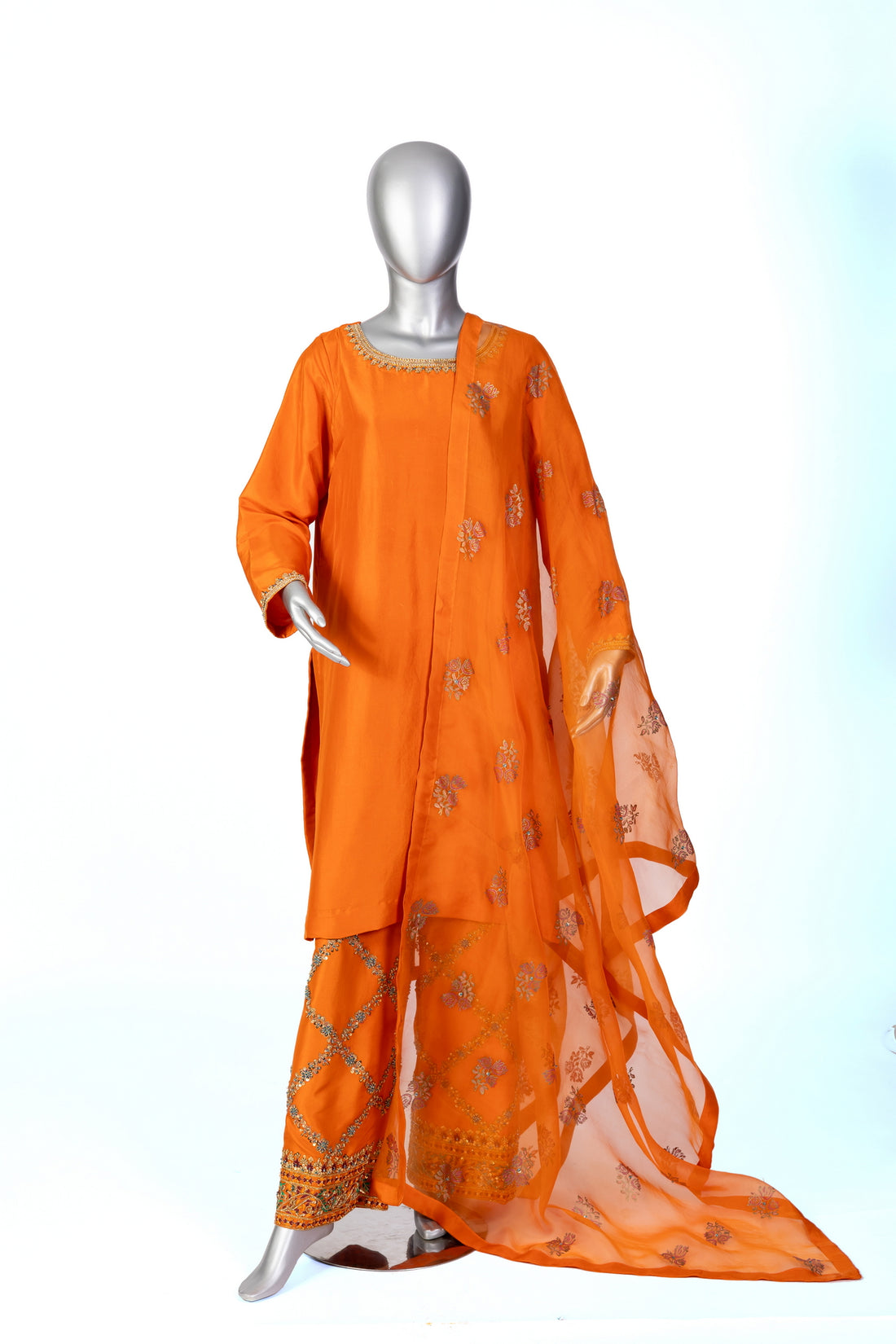 Anosha Premium Orange Pure Silk Suit by MariamRaj: Silk shirt with hand embellishments, straight silk culottes, organza dupatta with block print, festive & formal wear