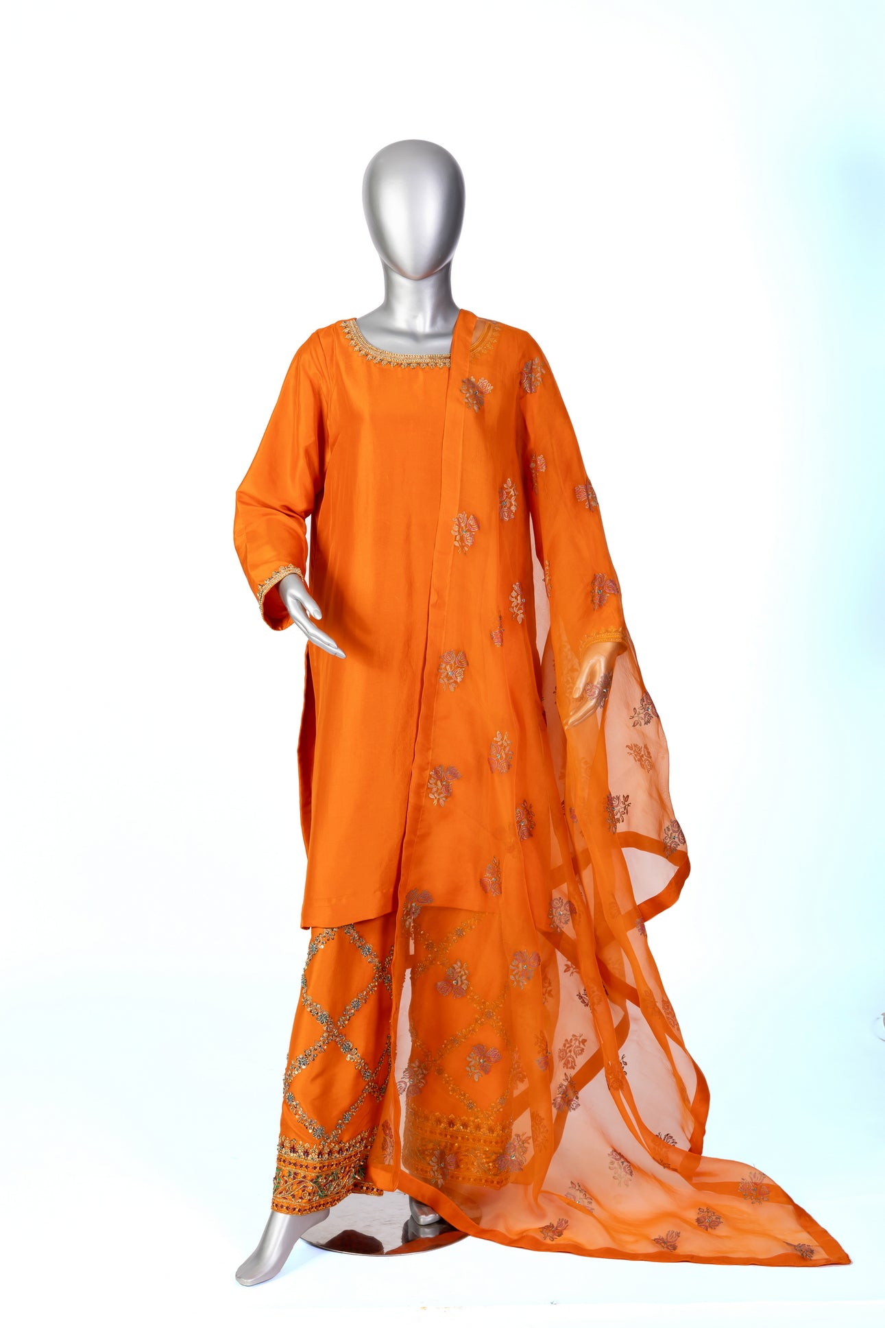 Anosha Premium Orange Pure Silk Suit by MariamRaj: Silk shirt with hand embellishments, straight silk culottes, organza dupatta with block print, festive & formal wear