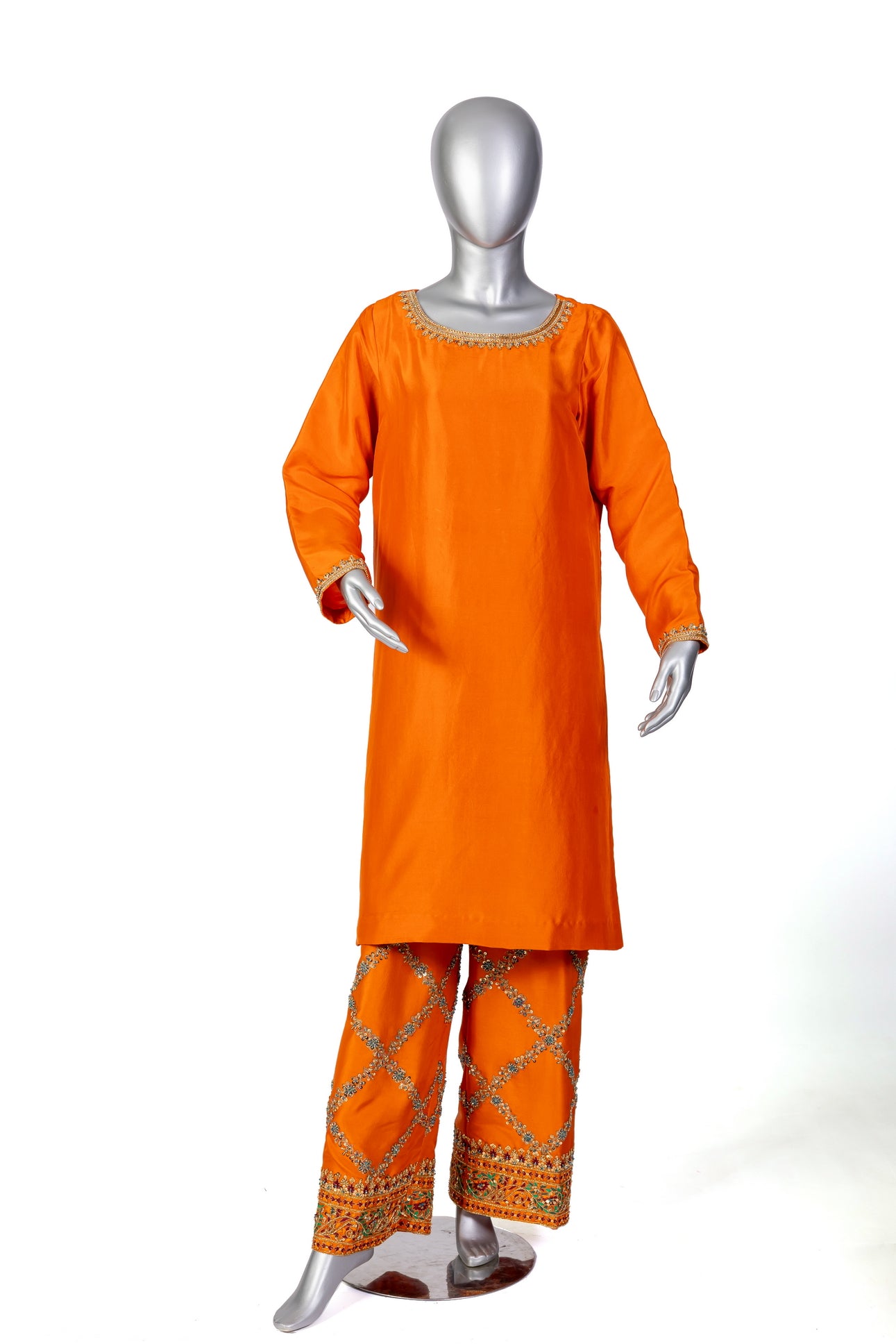 Anosha Premium Orange Pure Silk Suit by MariamRaj: Silk shirt with hand embellishments, straight silk culottes, organza dupatta with block print, festive & formal wear