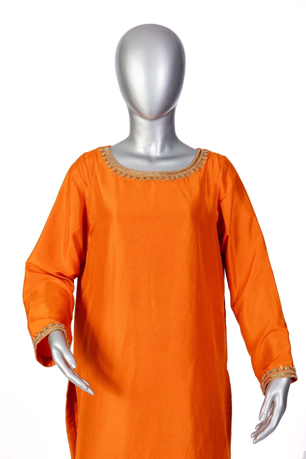 Anosha Premium Orange Pure Silk Suit by MariamRaj: Silk shirt with hand embellishments, straight silk culottes, organza dupatta with block print, festive & formal wear