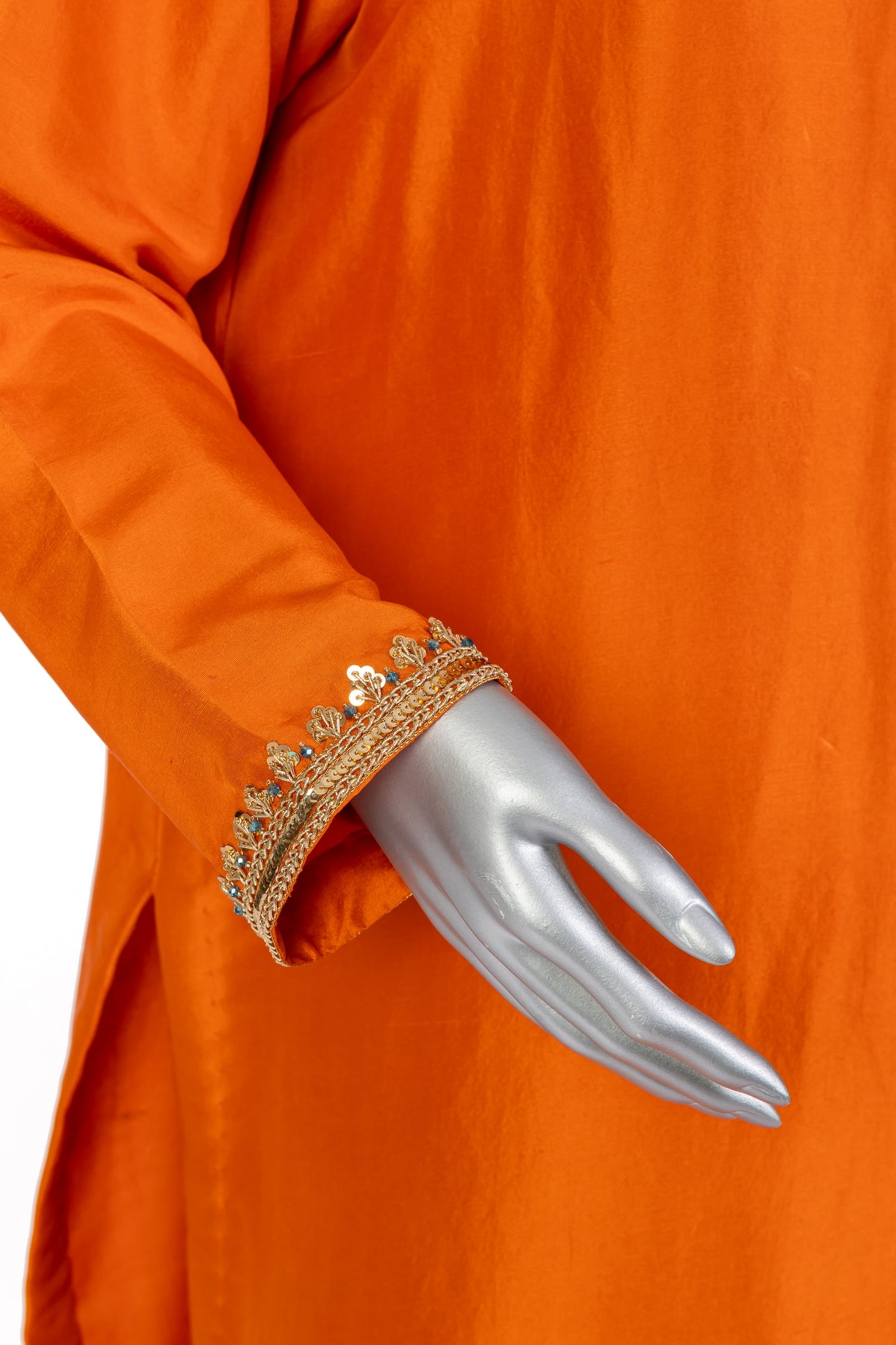 Anosha Premium Orange Pure Silk Suit by MariamRaj: Silk shirt with hand embellishments, straight silk culottes, organza dupatta with block print, festive & formal wear