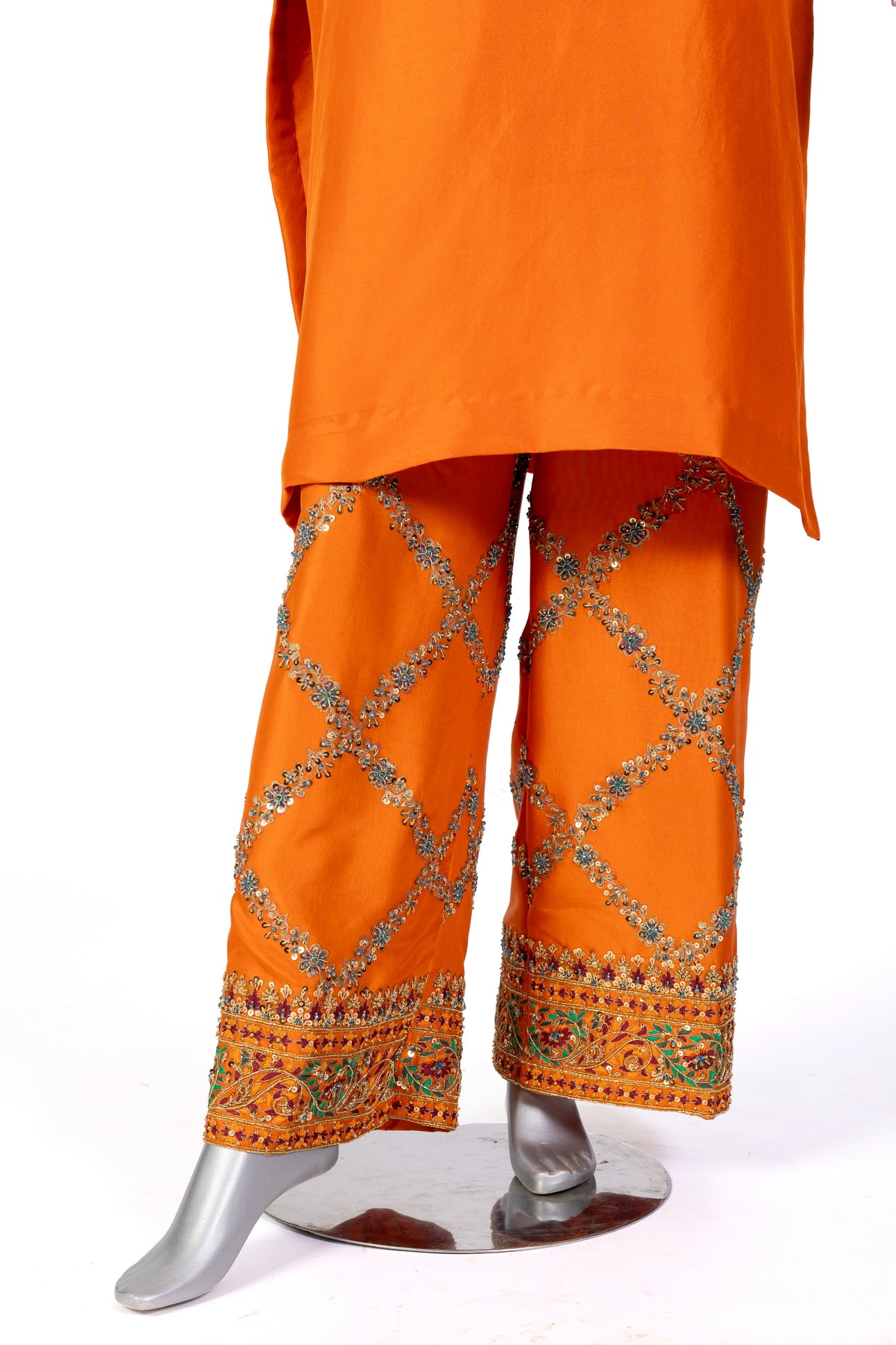 Anosha Premium Orange Pure Silk Suit by MariamRaj: Silk shirt with hand embellishments, straight silk culottes, organza dupatta with block print, festive & formal wear