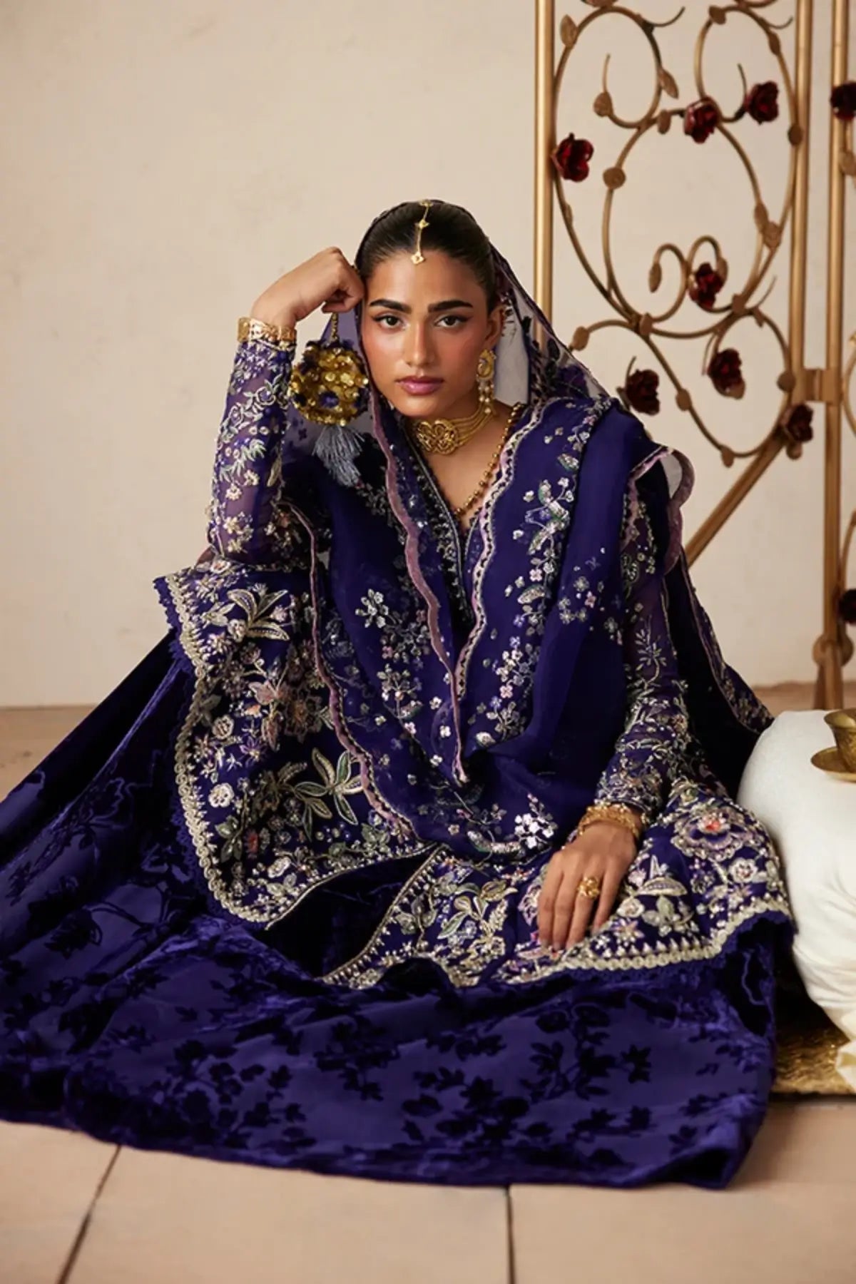 Anoush violet embroidered organza peplum velvet sharara suit with pink lilac embroidery, silver accents and sequin embellished dupatta