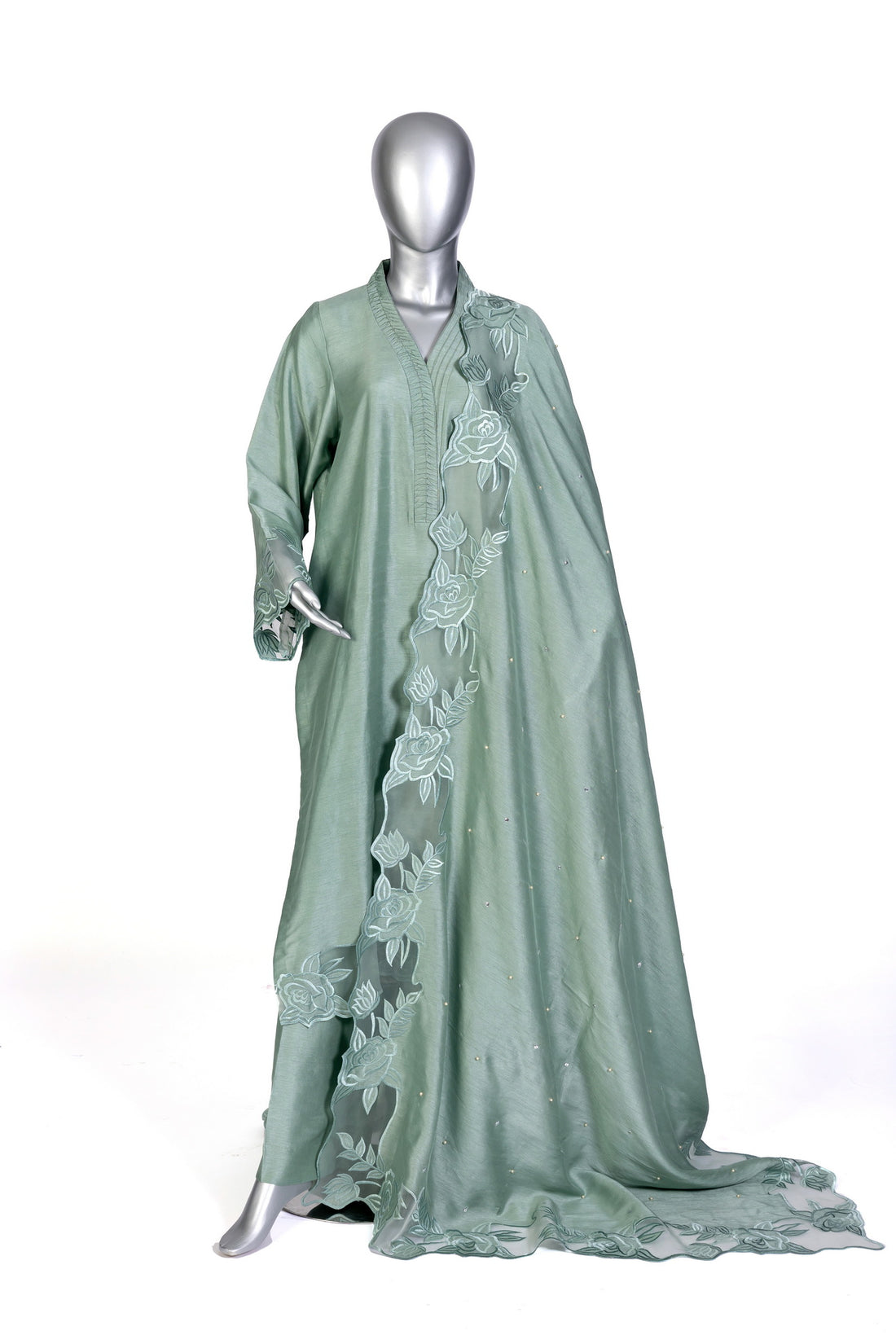 Anvitha sage green pure silk suit with hand-embroidered borders, straight pants, and coordinating shawl for evening parties, and formal events by MariamRaj