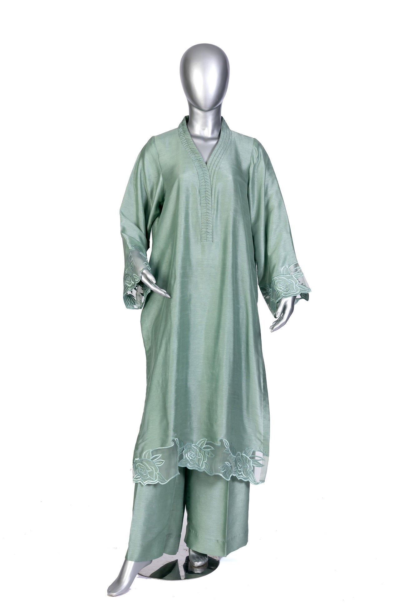 Anvitha sage green pure silk suit with hand-embroidered borders, straight pants, and coordinating shawl for evening parties, and formal events by MariamRaj