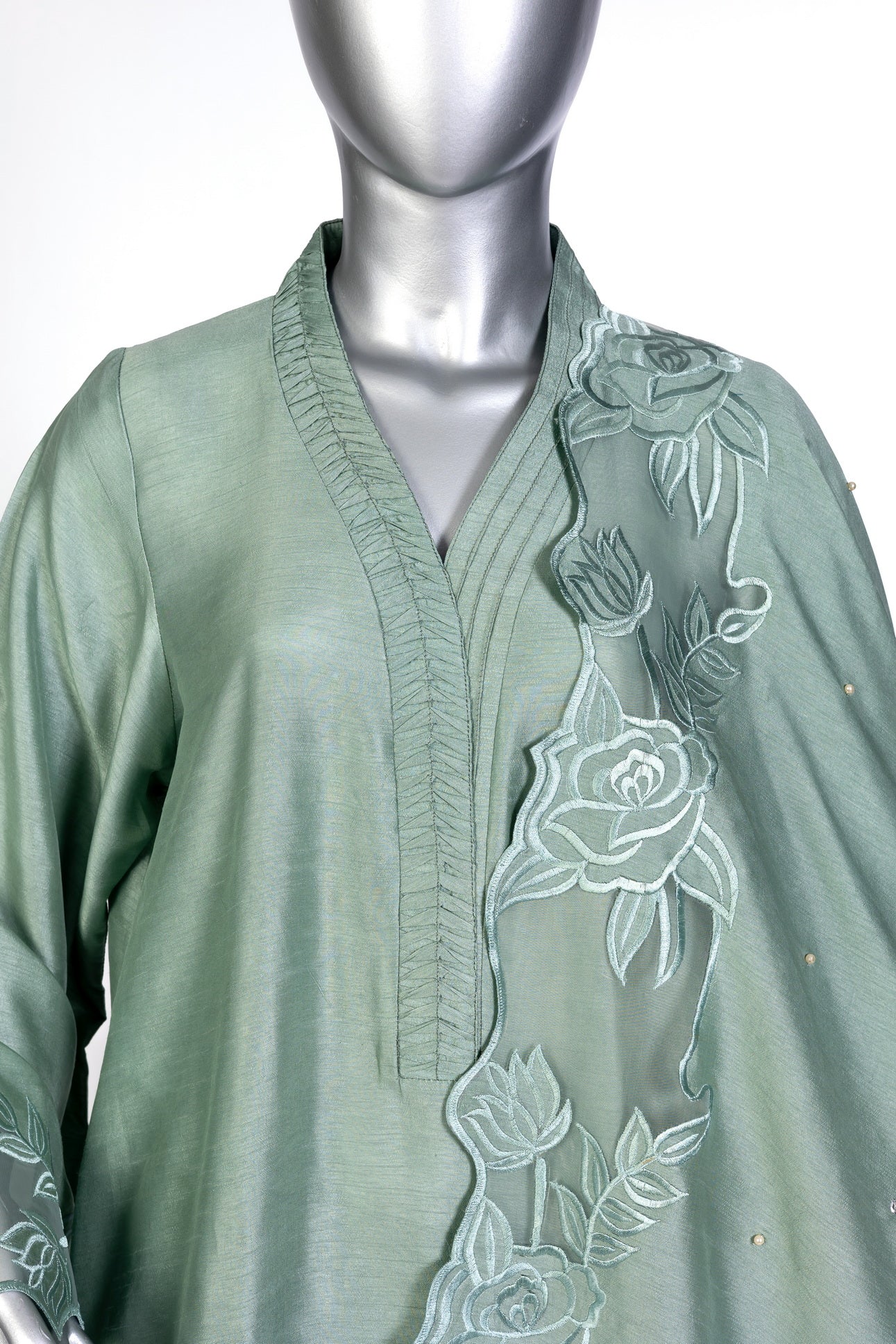 Anvitha sage green pure silk suit with hand-embroidered borders, straight pants, and coordinating shawl for evening parties, and formal events by MariamRaj