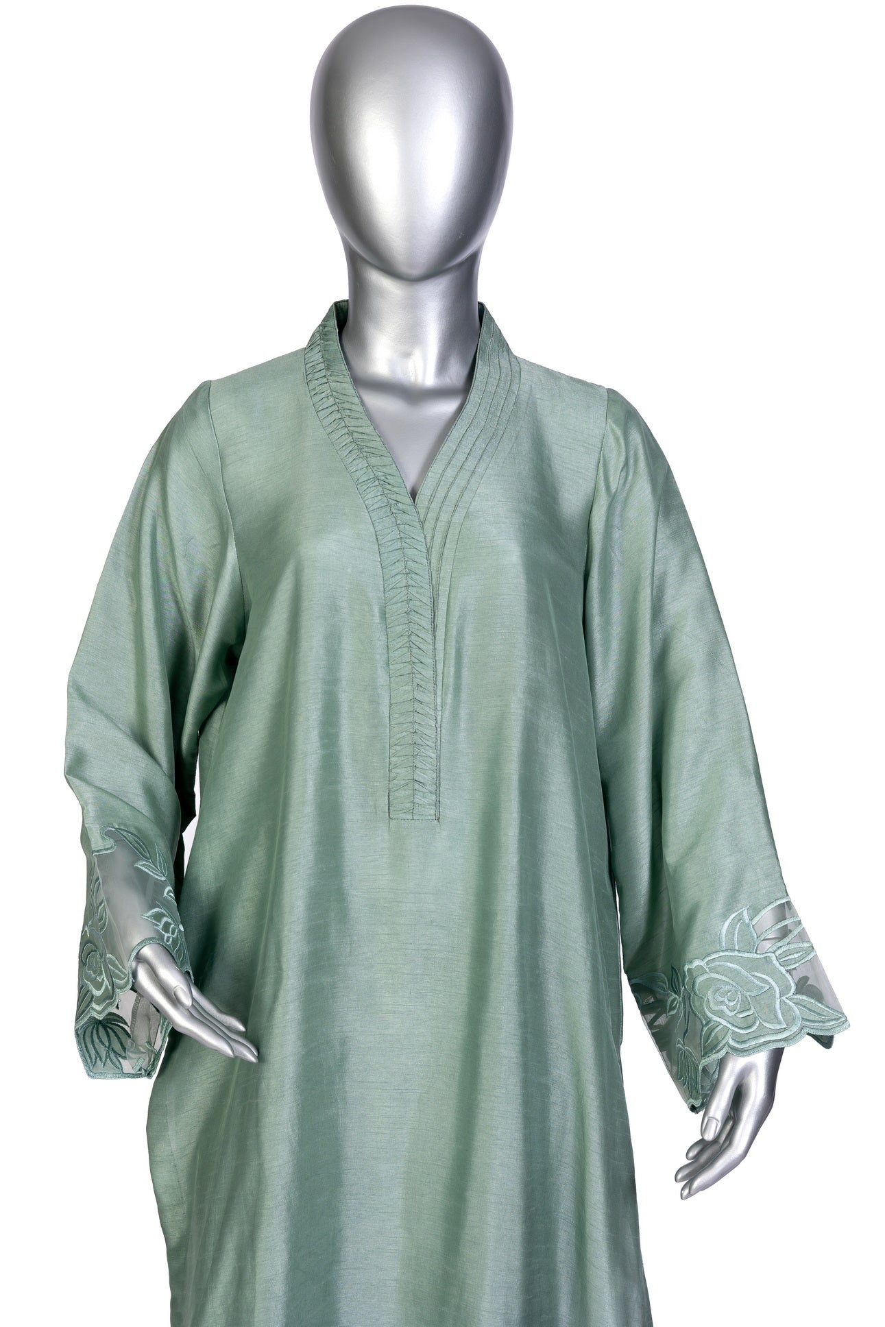 Anvitha sage green pure silk suit with hand-embroidered borders, straight pants, and coordinating shawl for evening parties, and formal events by MariamRaj