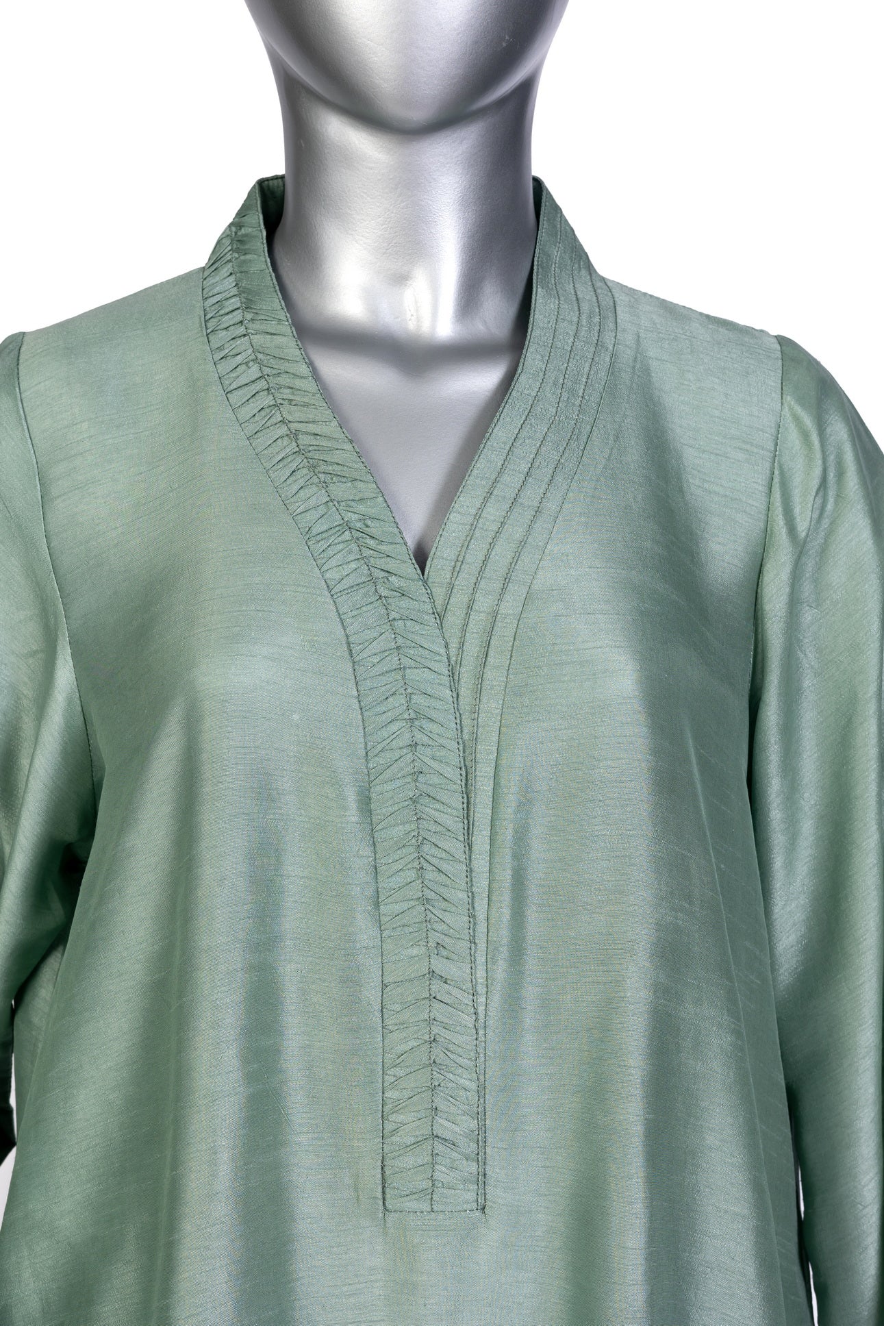 Anvitha sage green pure silk suit with hand-embroidered borders, straight pants, and coordinating shawl for evening parties, and formal events by MariamRaj