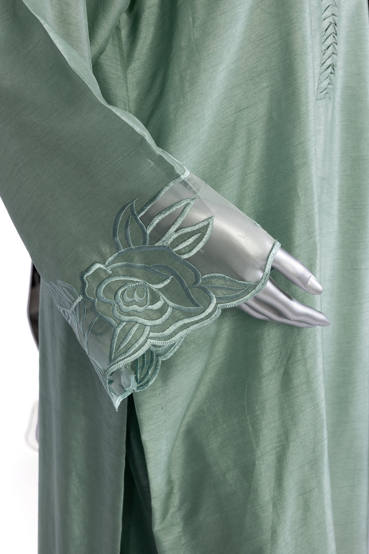Anvitha sage green pure silk suit with hand-embroidered borders, straight pants, and coordinating shawl for evening parties, and formal events by MariamRaj
