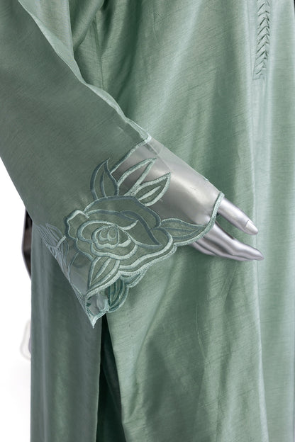 Anvitha sage green pure silk suit with hand-embroidered borders, straight pants, and coordinating shawl for evening parties, and formal events by MariamRaj