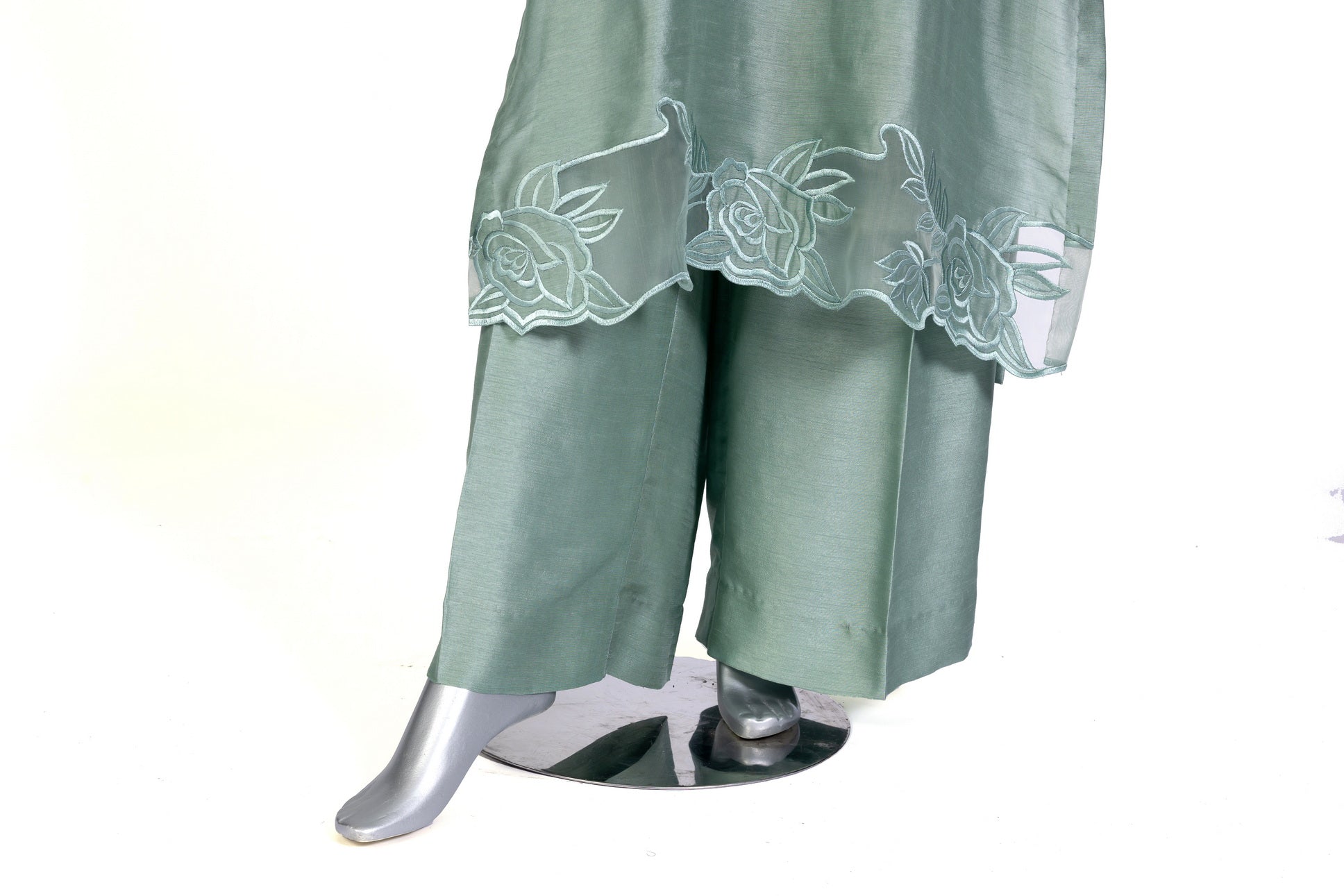 Anvitha sage green pure silk suit with hand-embroidered borders, straight pants, and coordinating shawl for evening parties, and formal events by MariamRaj