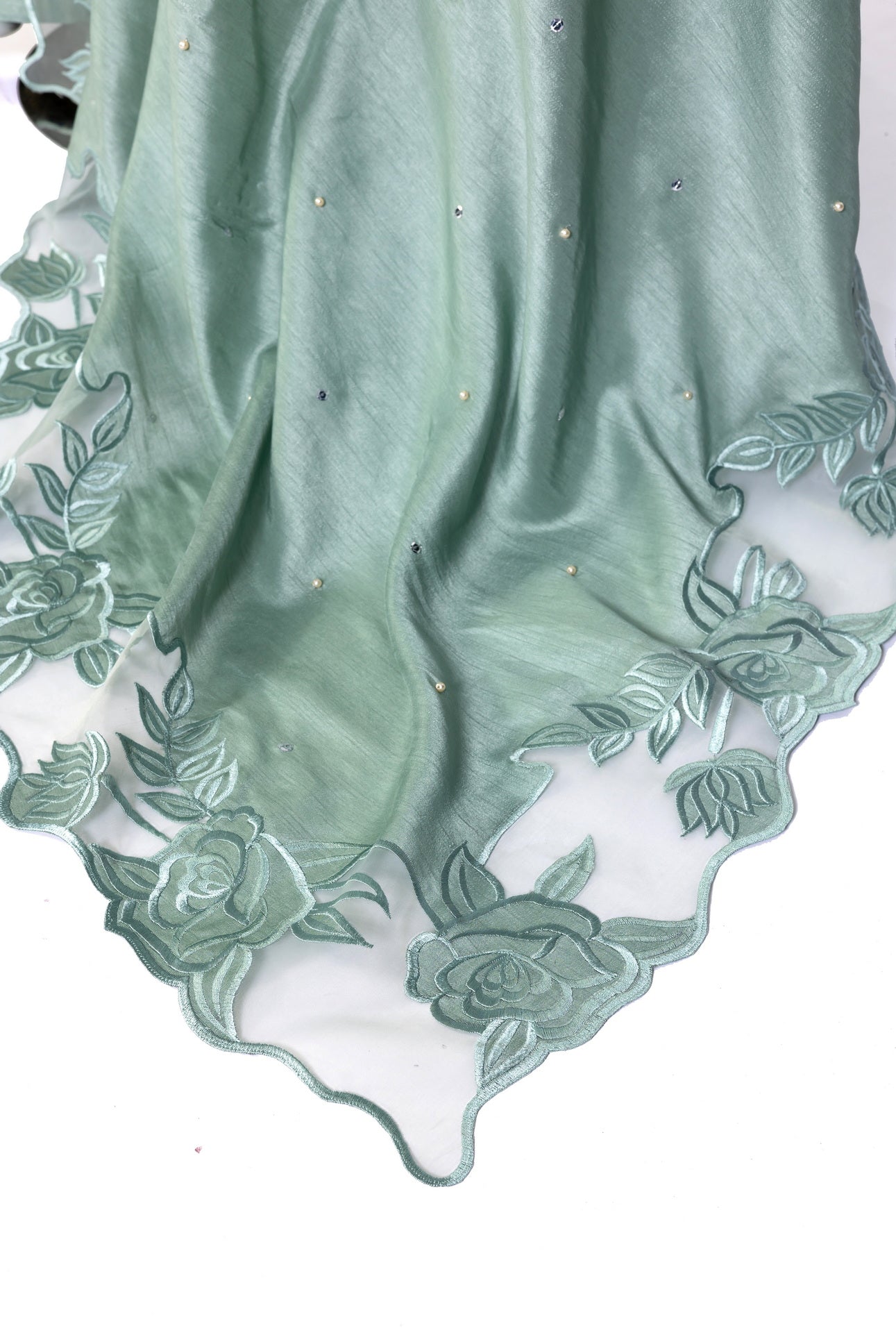 Anvitha sage green pure silk suit with hand-embroidered borders, straight pants, and coordinating shawl for evening parties, and formal events by MariamRaj