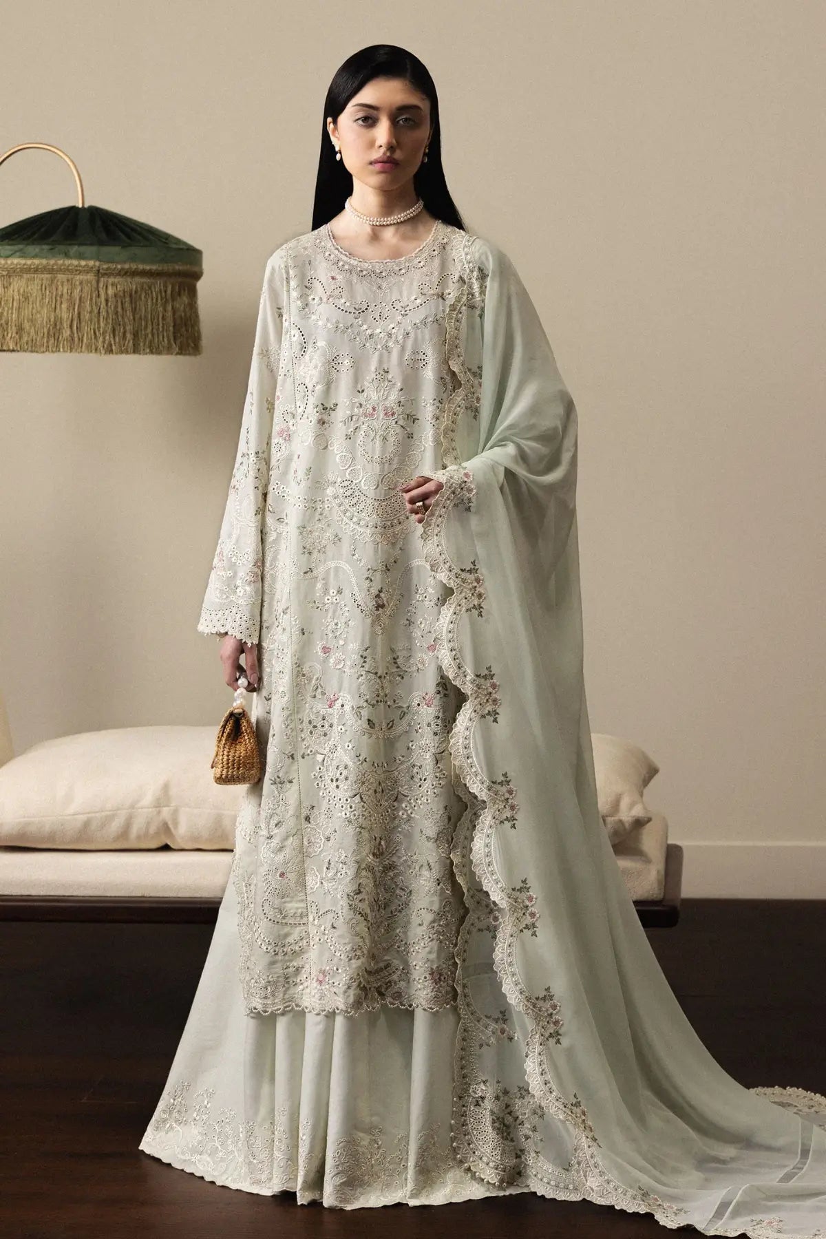 Zara Shahjahan Aoiha-D4 aqua blue lace and floral embroidered lawn suit with dupatta and cambric pants
