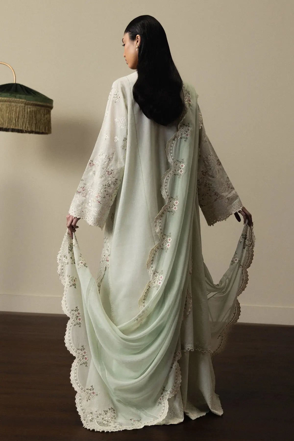 Zara Shahjahan Aoiha-D4 aqua blue lace and floral embroidered lawn suit with dupatta and cambric pants