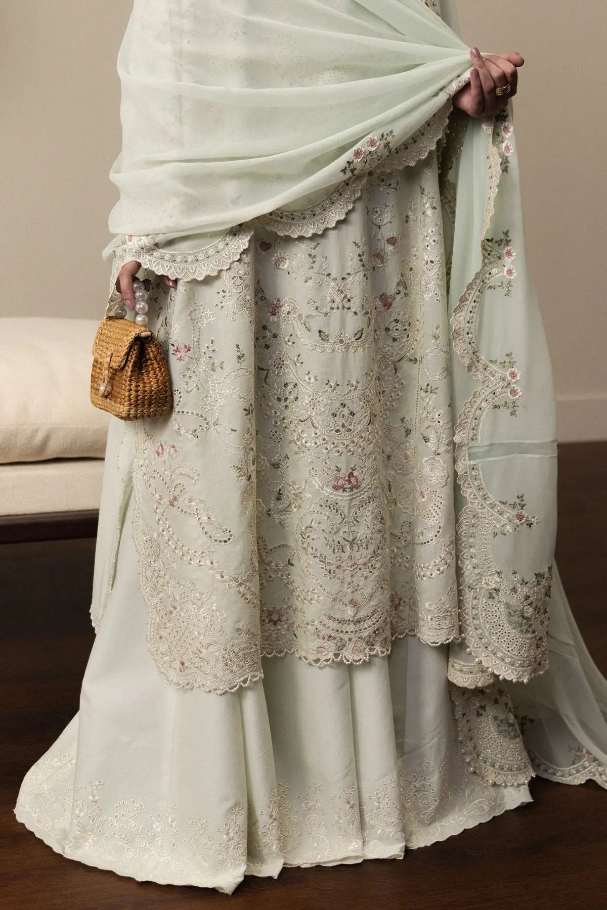 Zara Shahjahan Aoiha-D4 aqua blue lace and floral embroidered lawn suit with dupatta and cambric pants
