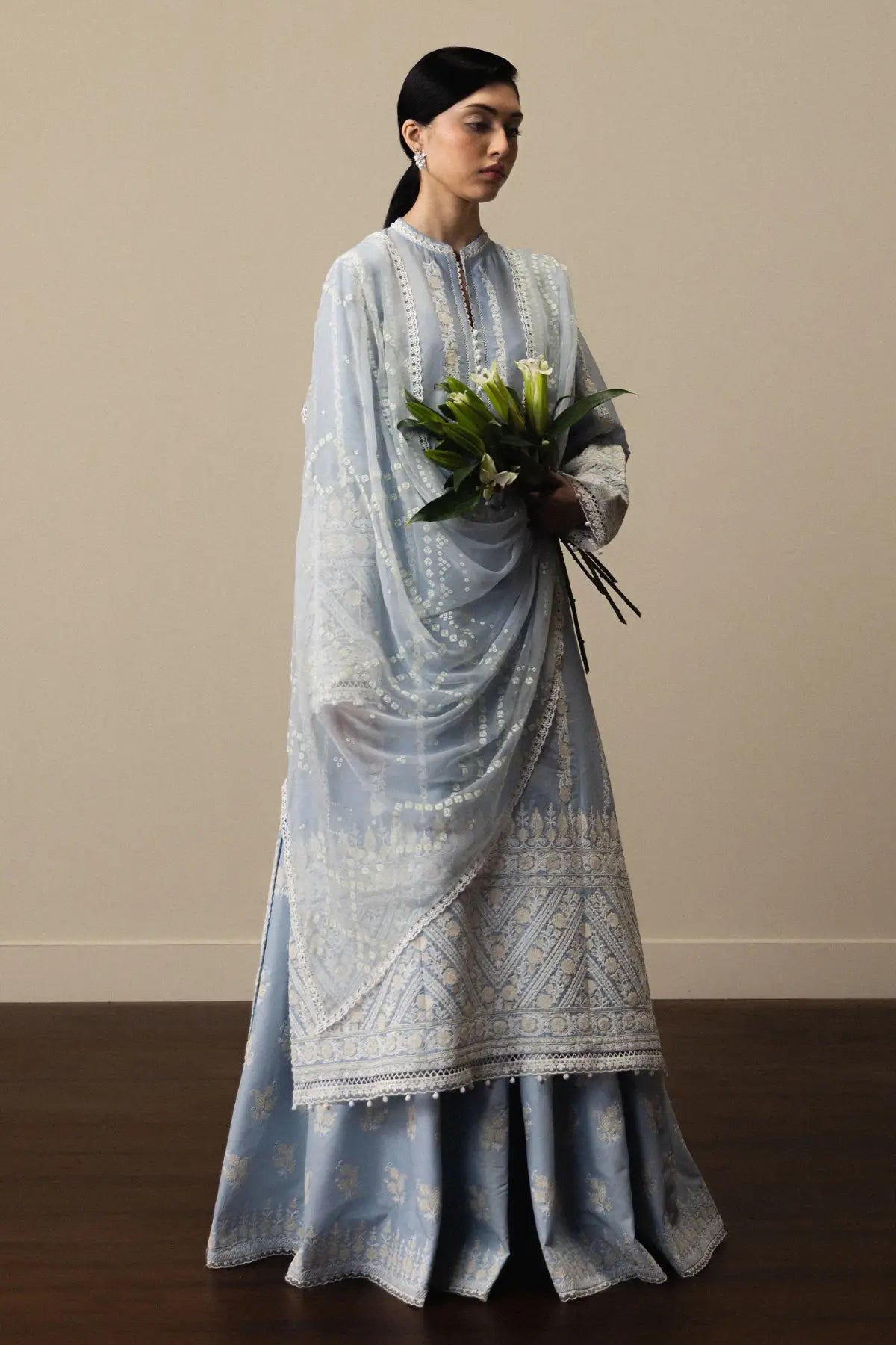 Zara Shahjahan Aoyomi-D1 sky blue aari embroidered lawn 3PC suit with chiffon dupatta and cambric trousers stitched