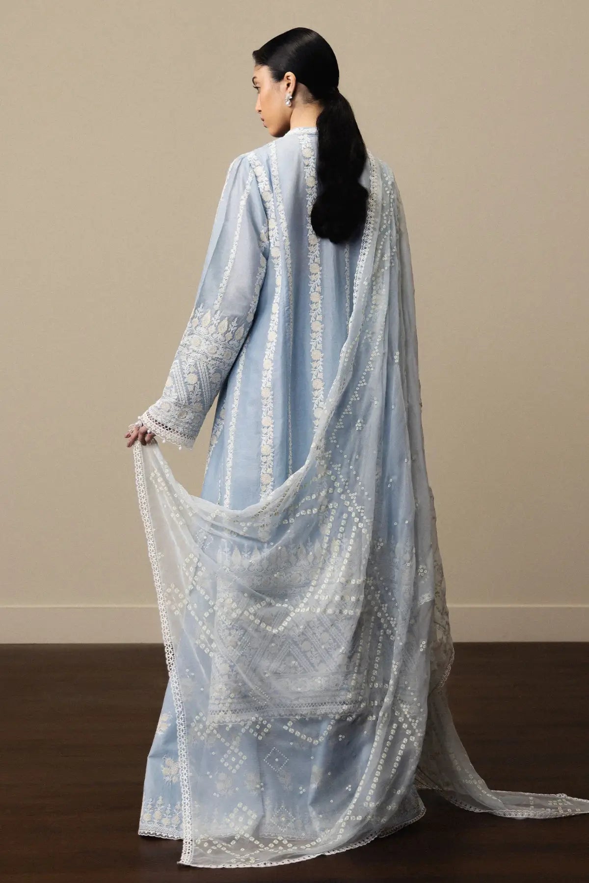 Zara Shahjahan Aoyomi-D1 sky blue aari embroidered lawn 3PC suit with chiffon dupatta and cambric trousers stitched
