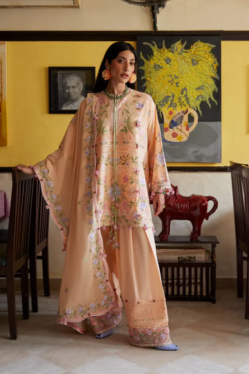 Zaha Apricot Mallow Bloom ZF26-09 stitched lawn 3PC suit with floral embroidery and voile dupatta