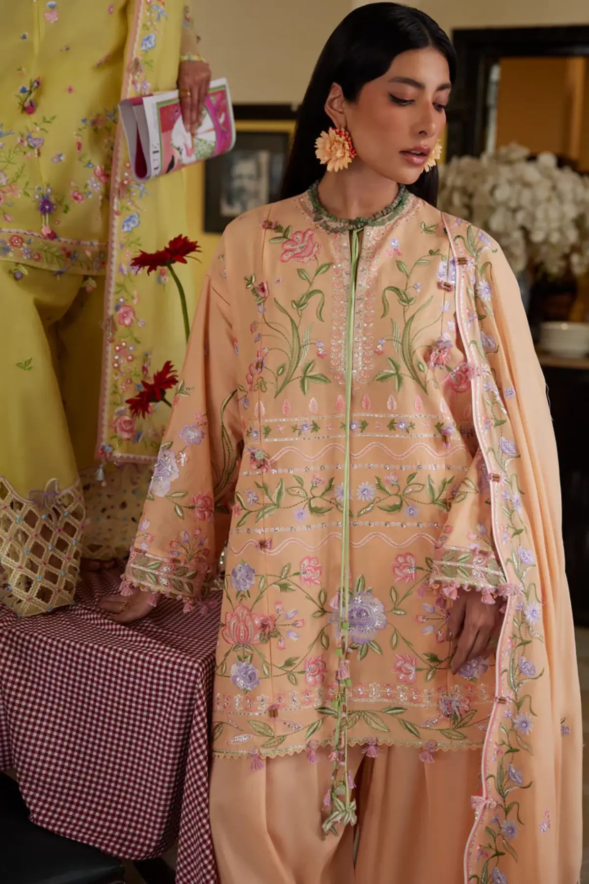 Zaha Apricot Mallow Bloom ZF26-09 stitched lawn 3PC suit with floral embroidery and voile dupatta