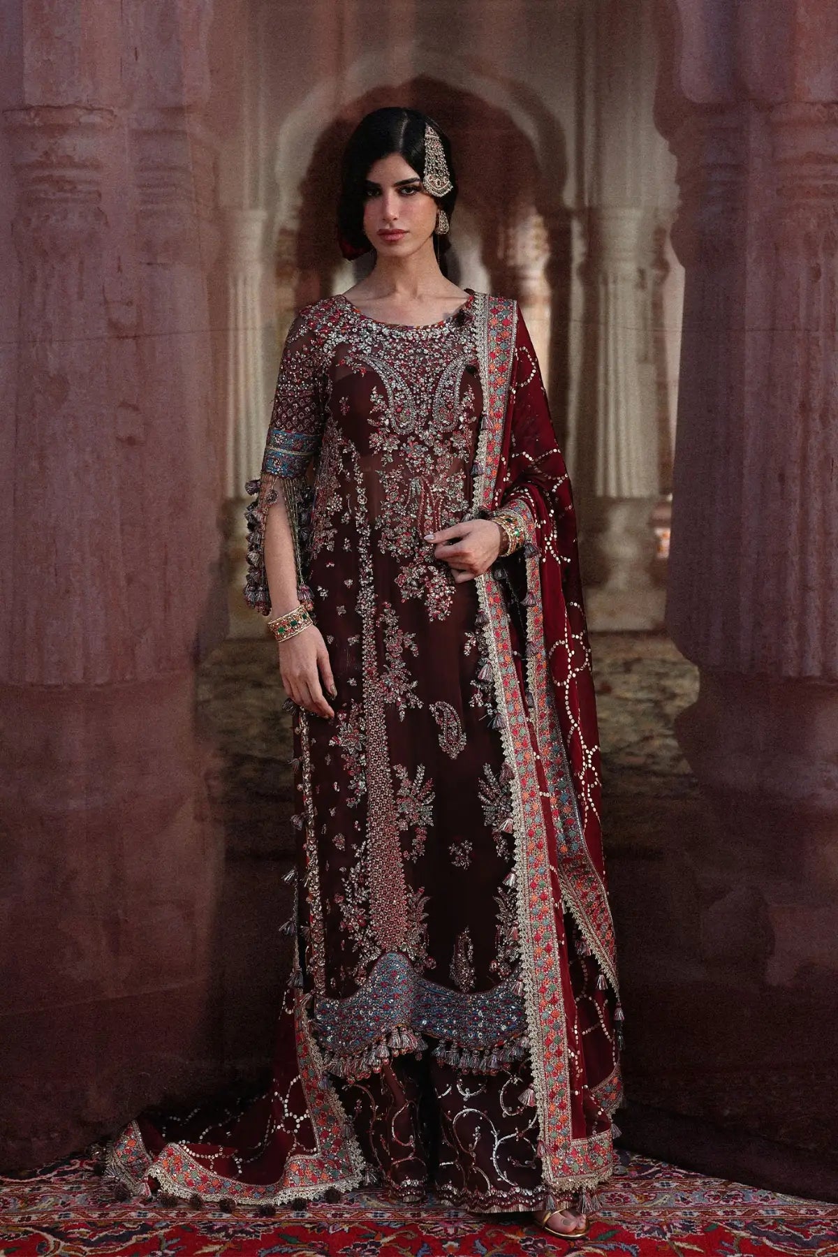 Pakistanimoda Apsara Hussain Rehar dark brown stitched chiffon 3PC raw silk trouser chiffon foil dupatta worldwide delivery