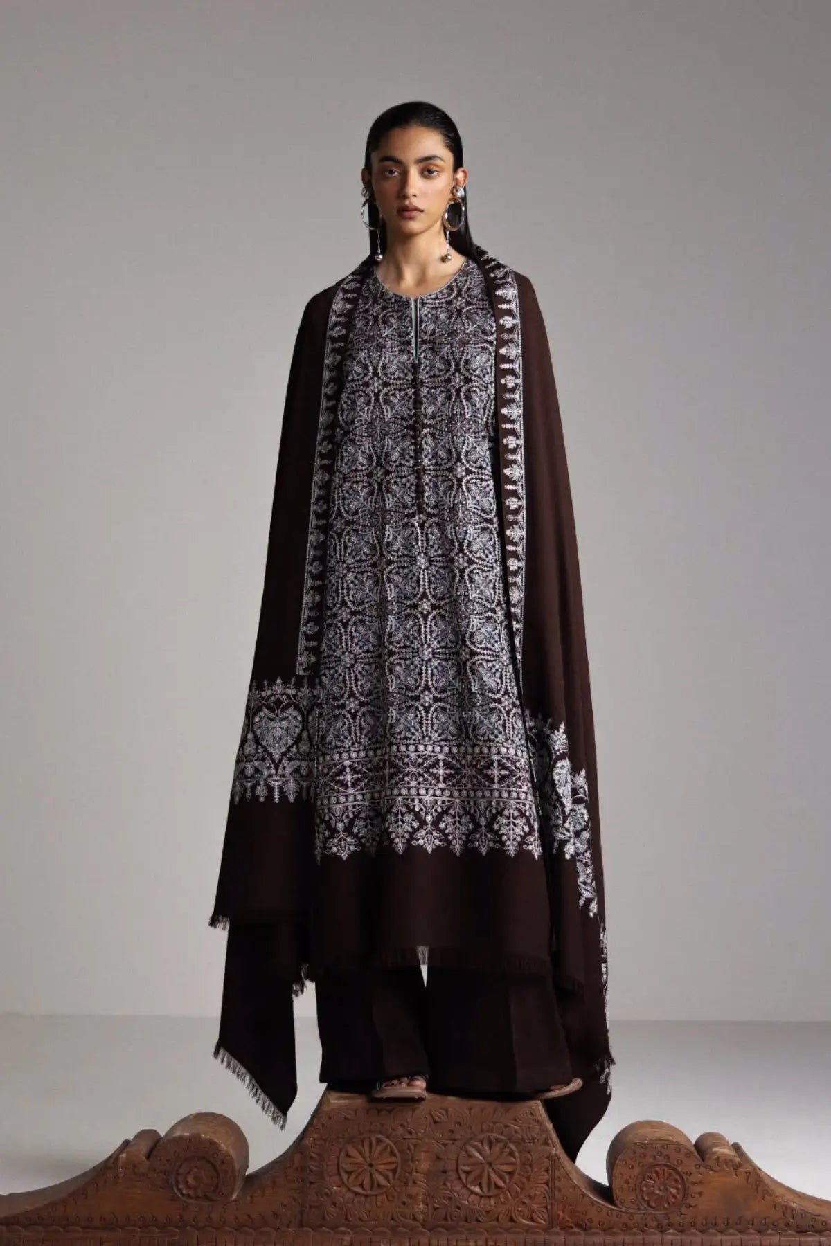 Zara Shahjahan Aqeeq D1 chocolate brown embroidered marina stitched winter suit with matching shawl from Saraab Winter 2026