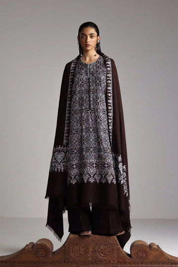 Zara Shahjahan Aqeeq D1 chocolate brown embroidered marina stitched winter suit with matching shawl from Saraab Winter 2026